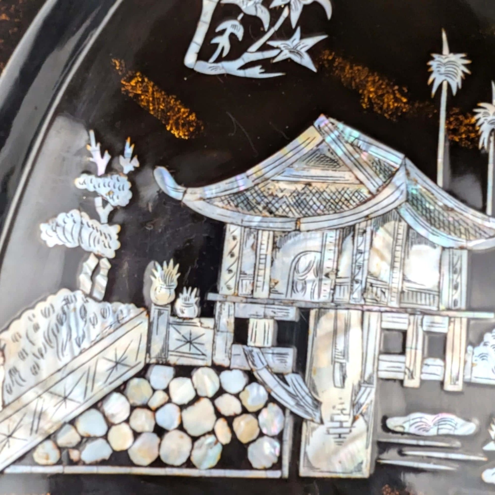 Vintage Asian Black Lacquer Mother of Pearl Inlaid Wall Plaque