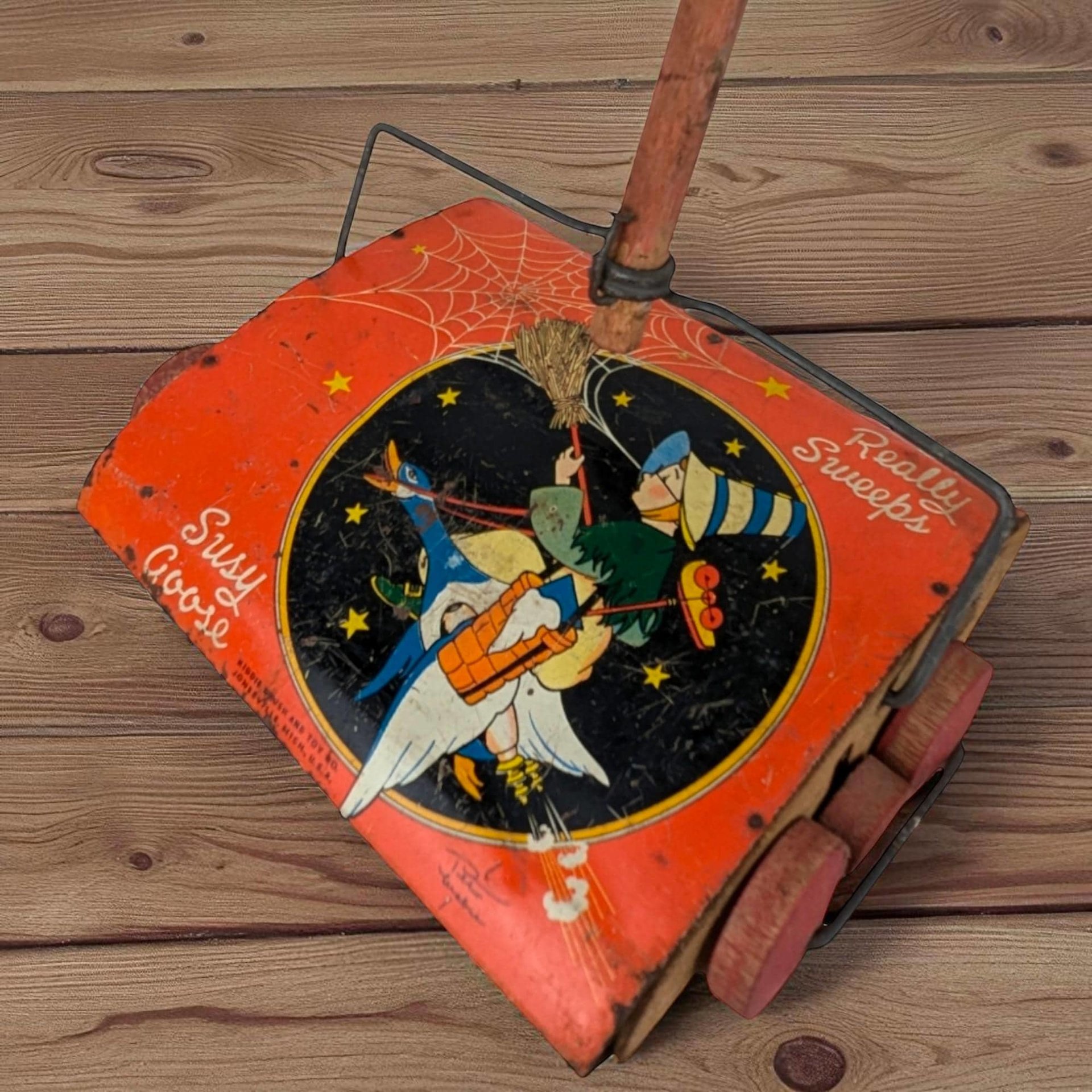 Vintage 1950s Susy Goose Mother Goose Tin Carpet Sweeper