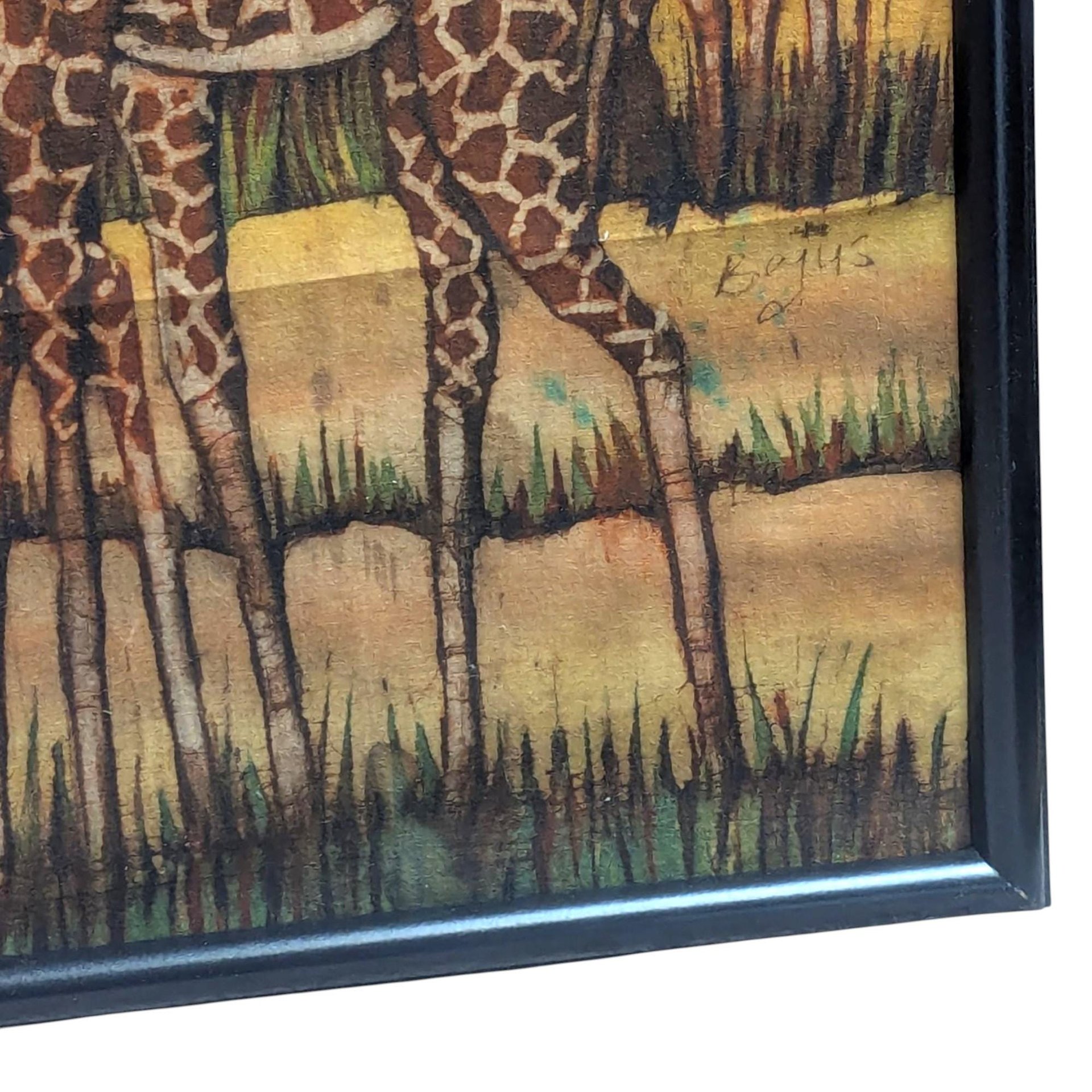 Vintage African Batik Painting - Safari Giraffe Cloth Wall Art