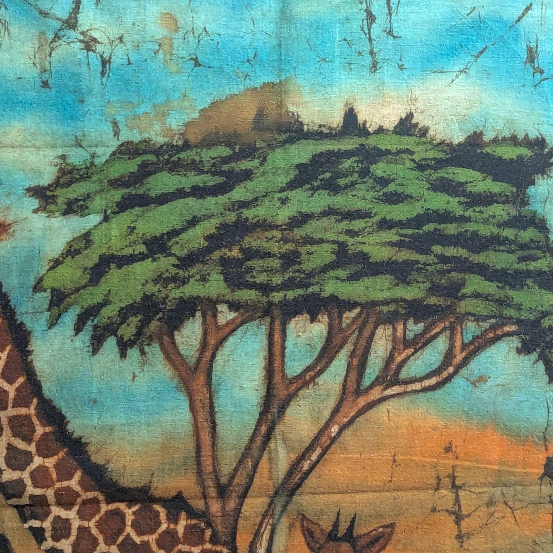 Vintage African Batik Painting - Safari Giraffe Cloth Wall Art