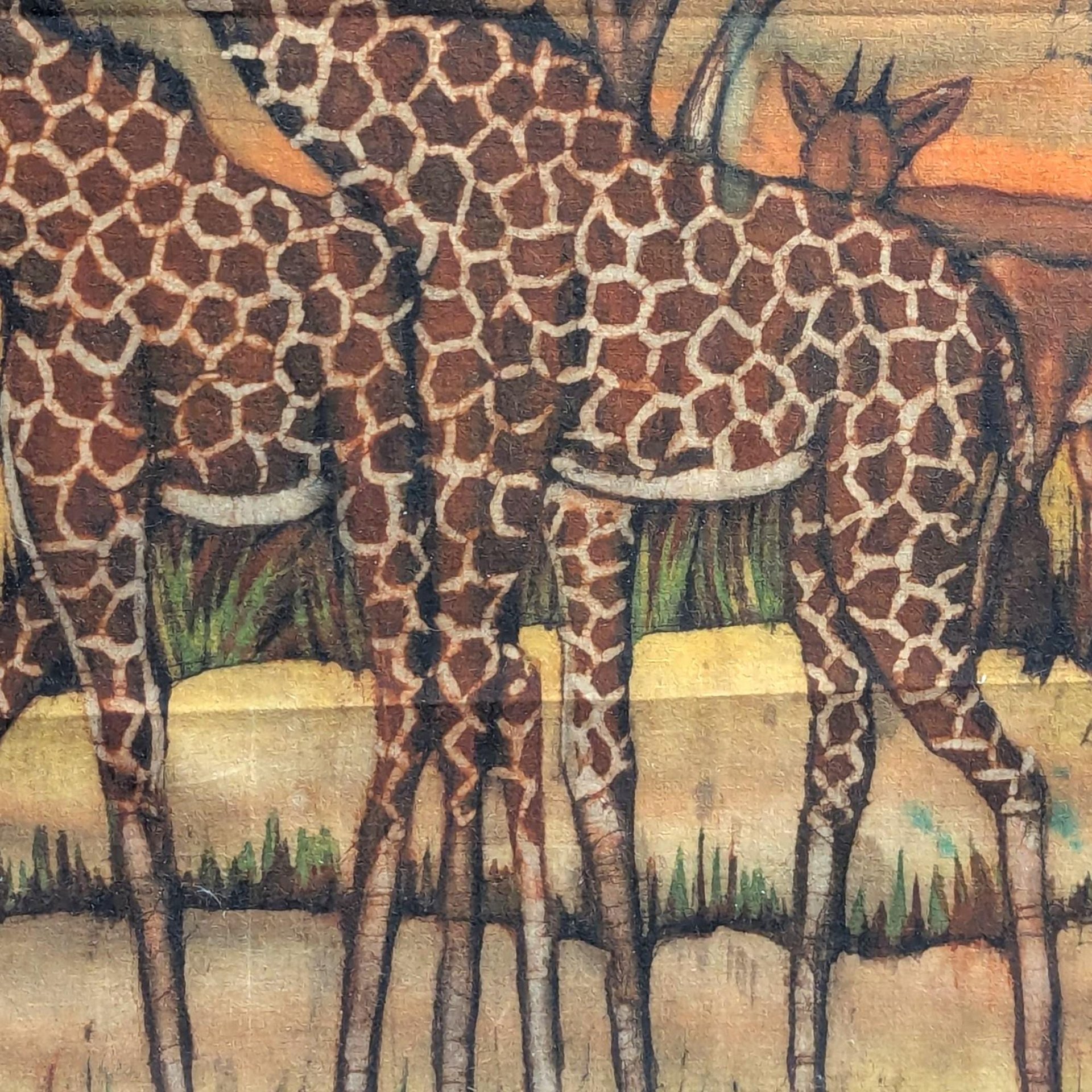 Vintage African Batik Painting - Safari Giraffe Cloth Wall Art
