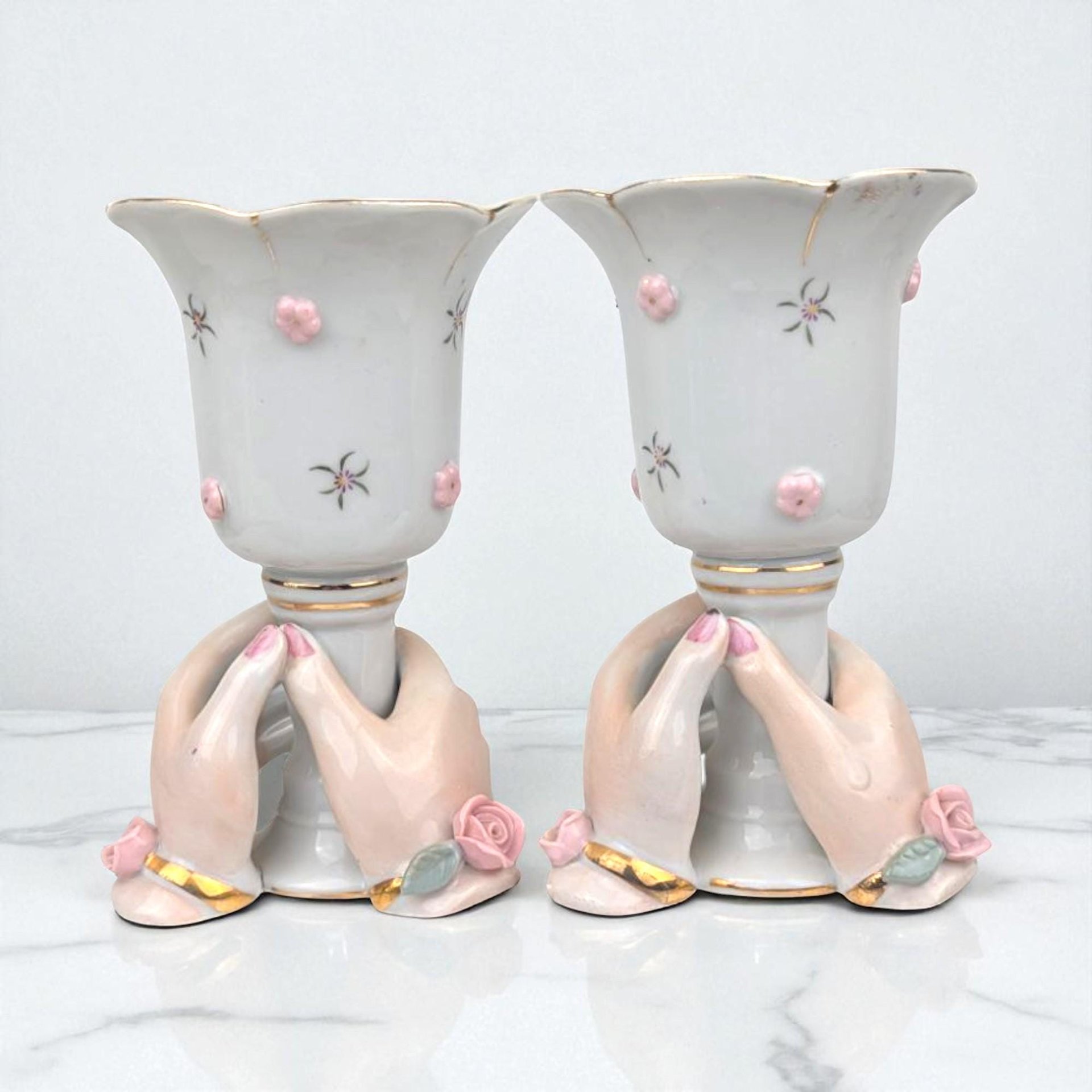 Vintage Ceramic Hands Holding Candle Holder Pair