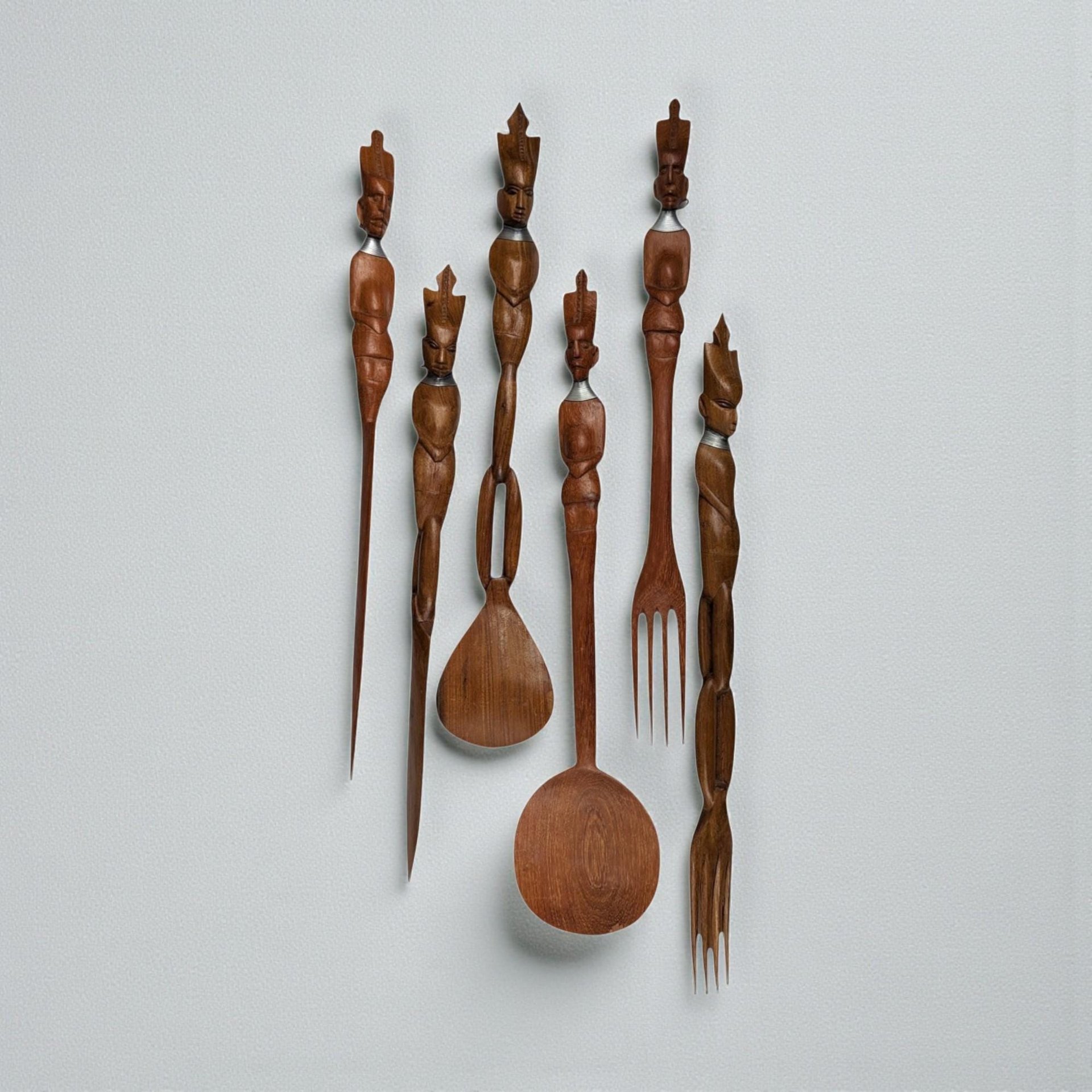 Vintage Hand Carved African Tribal Wooden Utensil Set