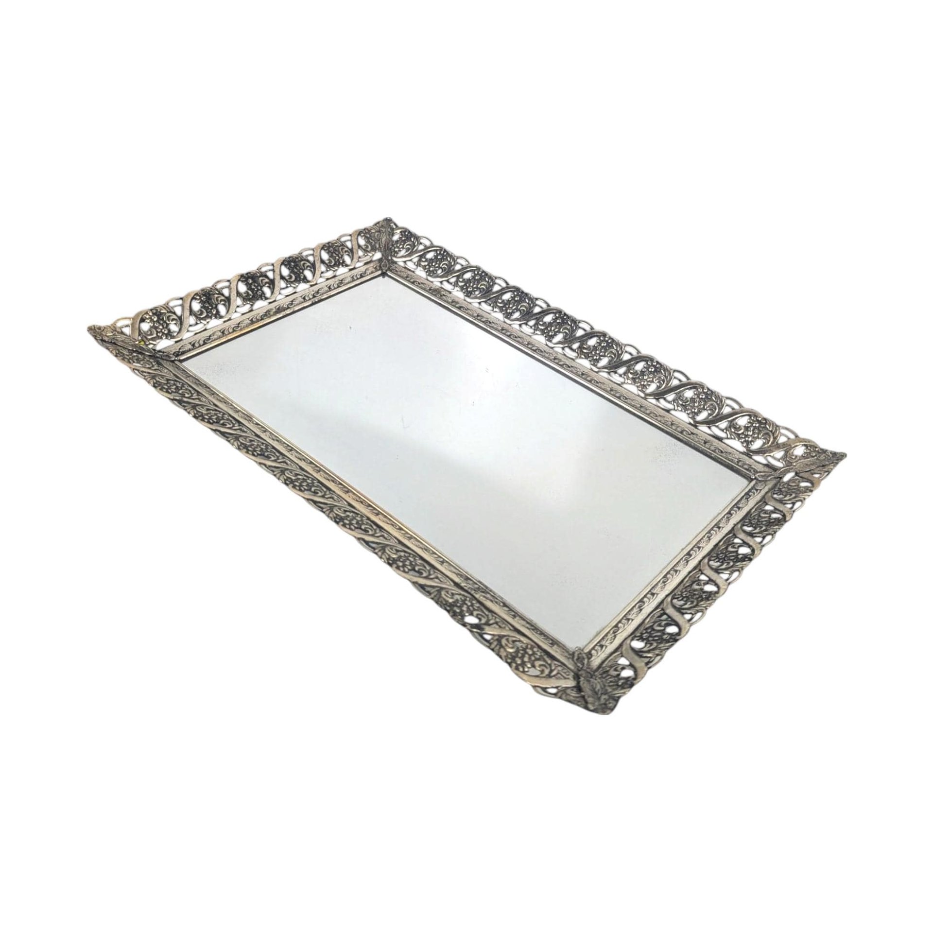 Vintage 15" Ornate Silver Tone Filigree Mirror Tray
