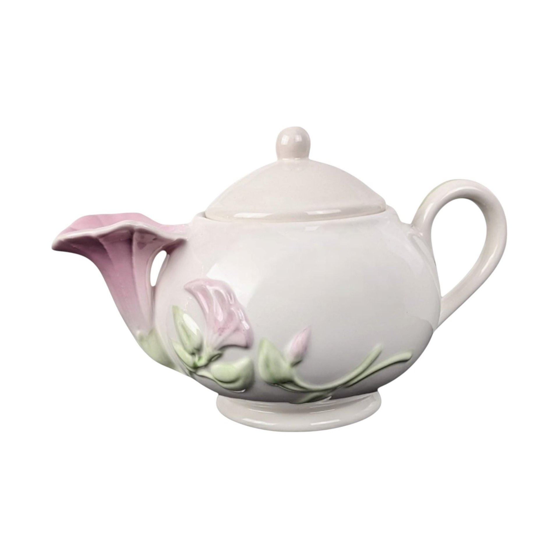 Vintage Morning Glory Teapot & Victorian Style Paper Fan