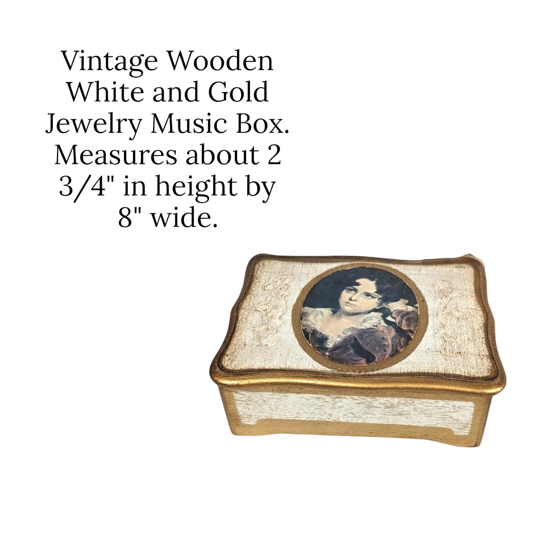 Vintage Ornate White and Gold Wooden Musical Jewelry Box