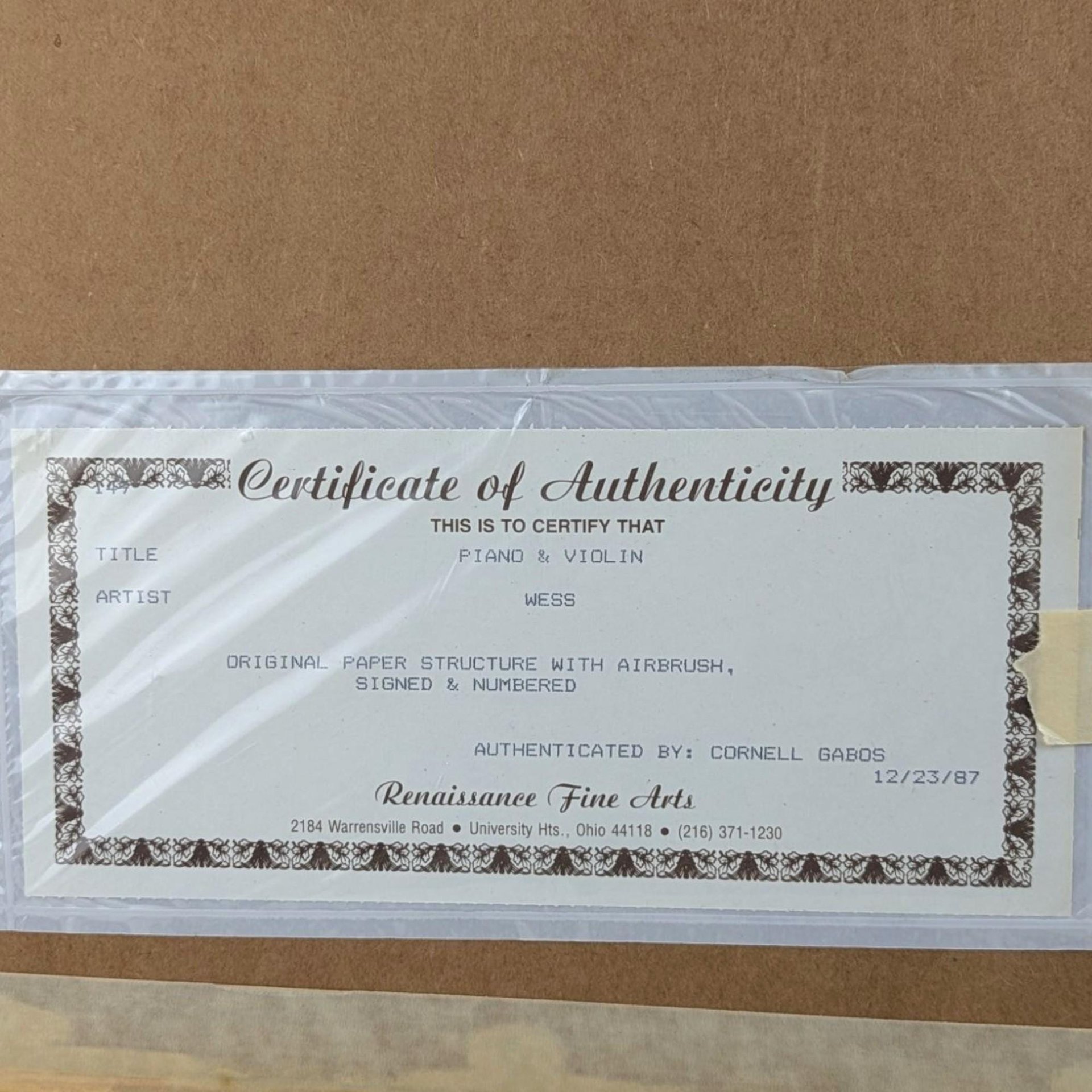 Vintage Wess 'Violin with Rose' Airbrushed Paper Art