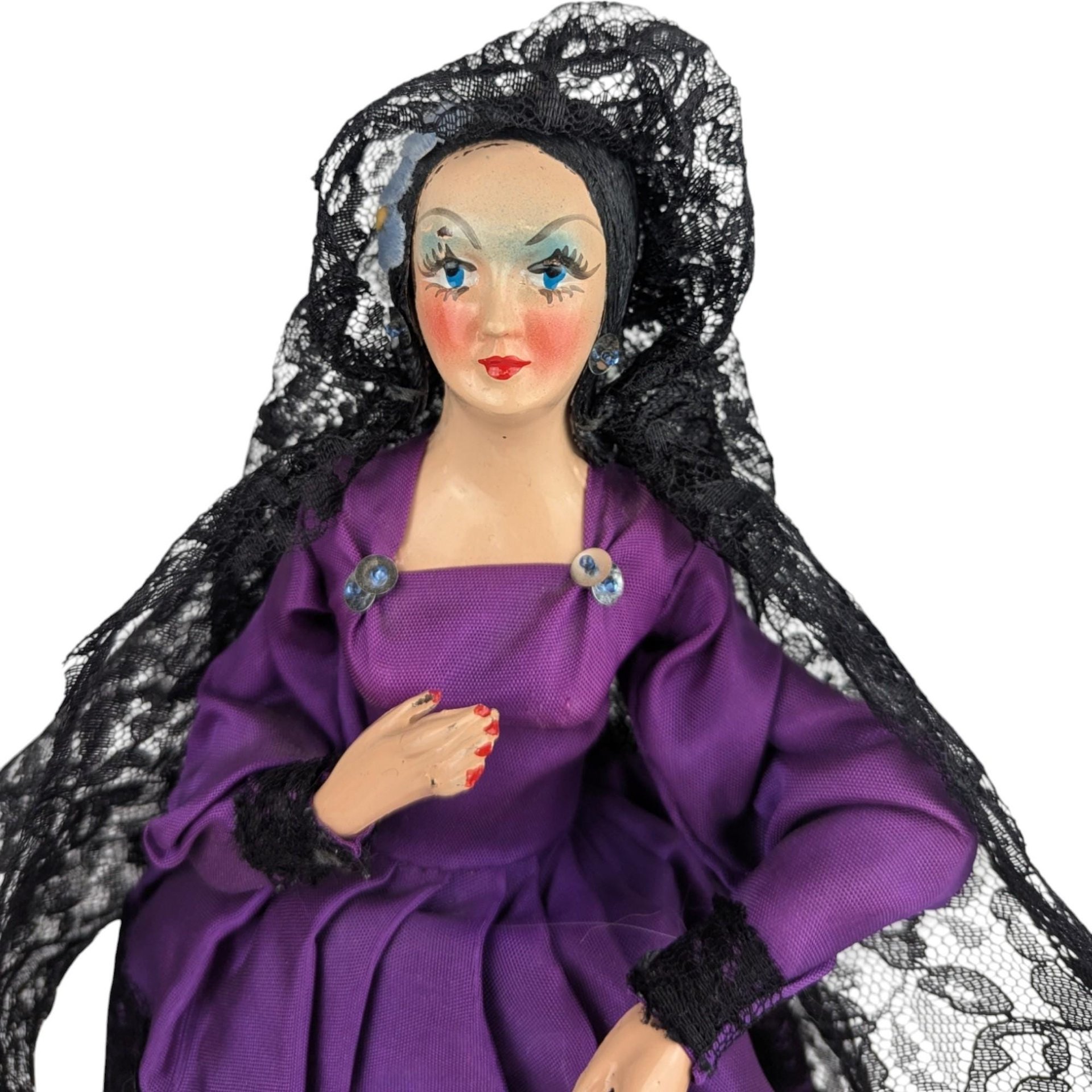 1960s Spanish Souvenir Doll Purple Lace Dress