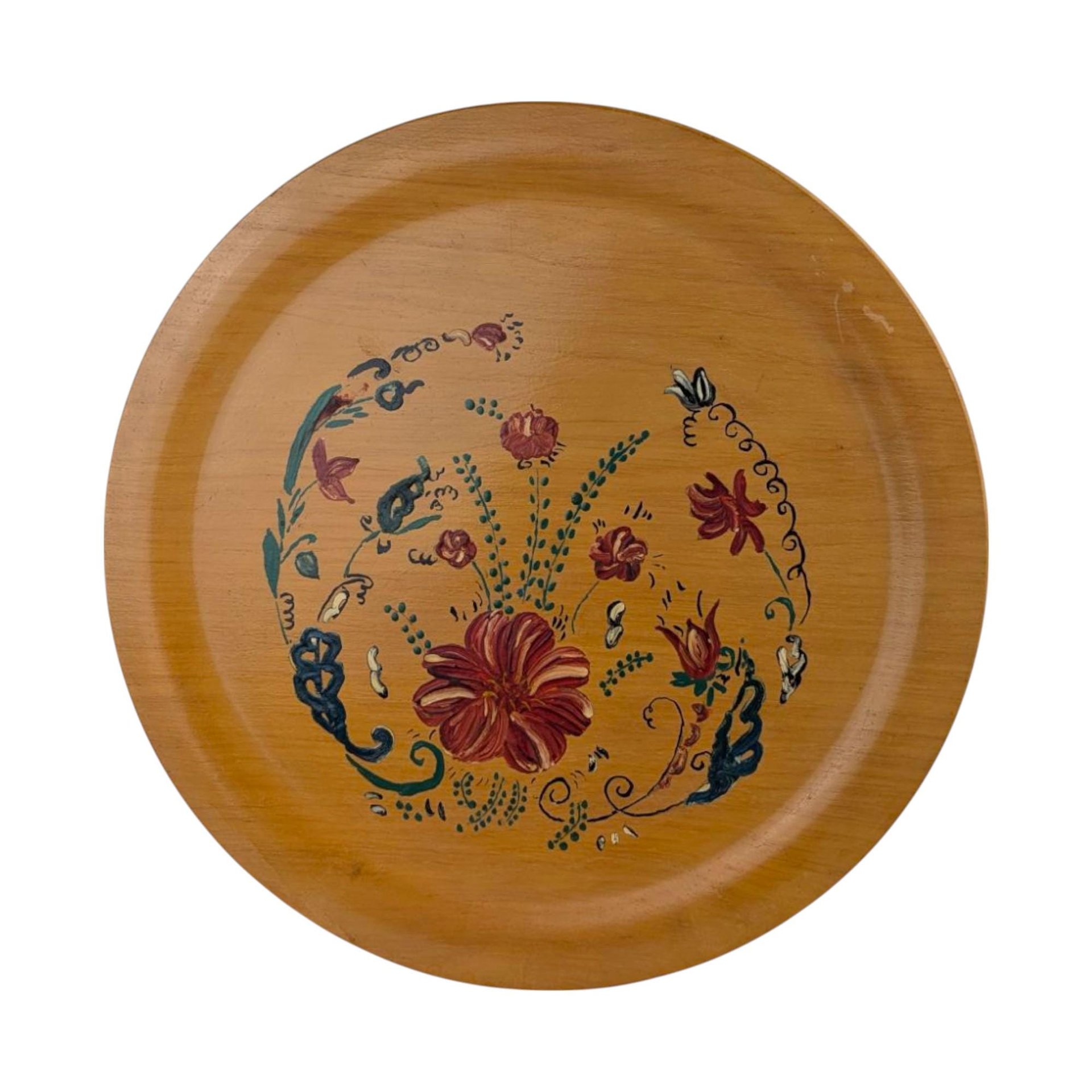 Pair of Vintage Hand-Painted Floral Wooden Plates