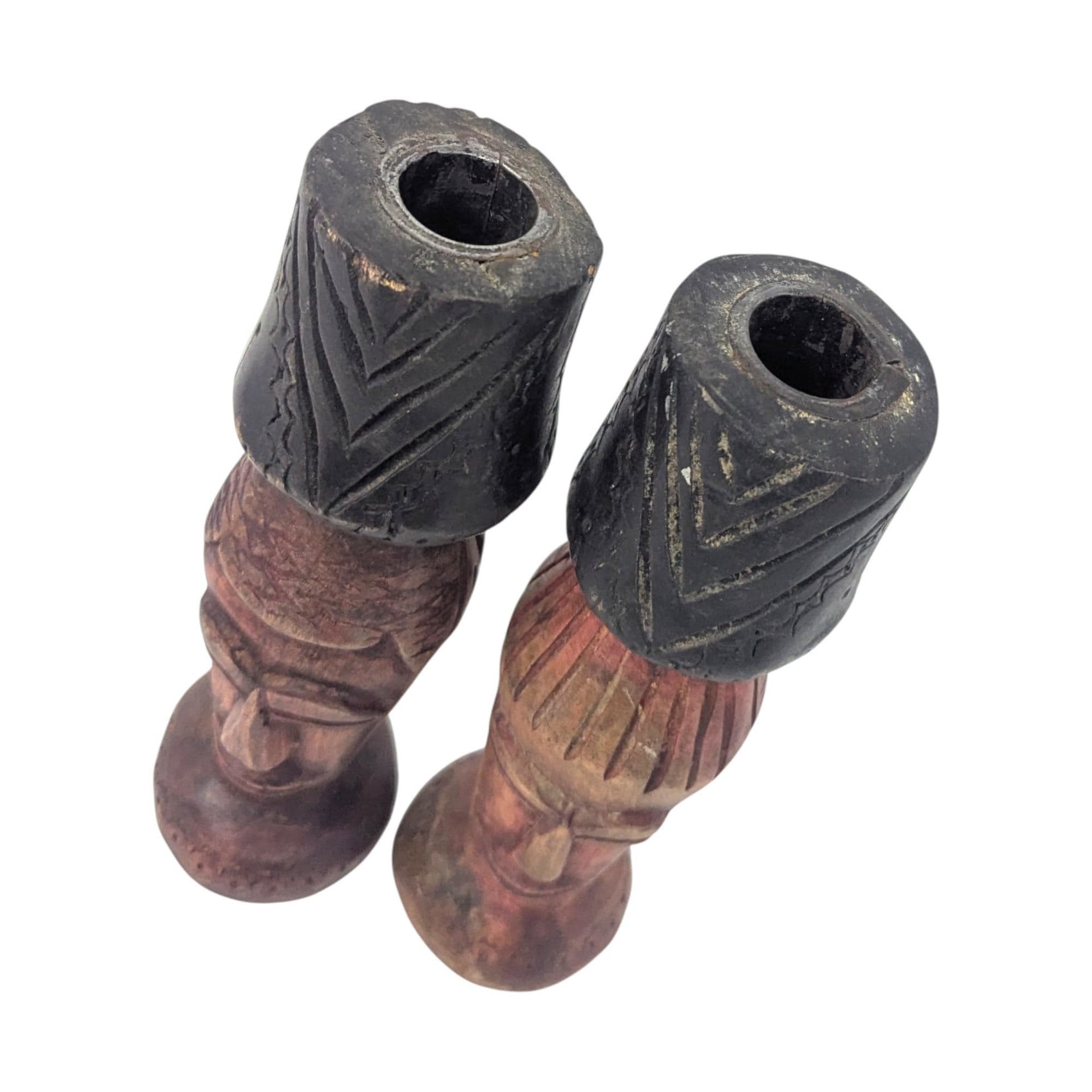 Vintage Hand Carved Tribal Figure Candle Holder Pair