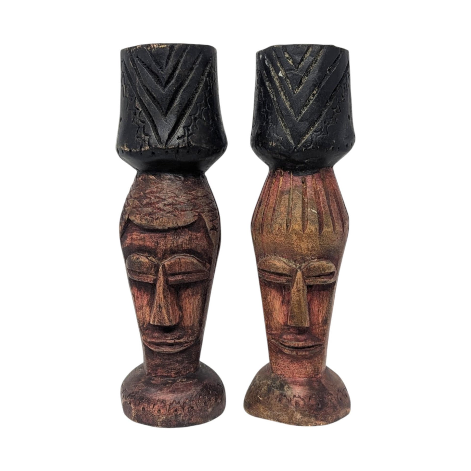 Vintage Hand Carved Tribal Figure Candle Holder Pair