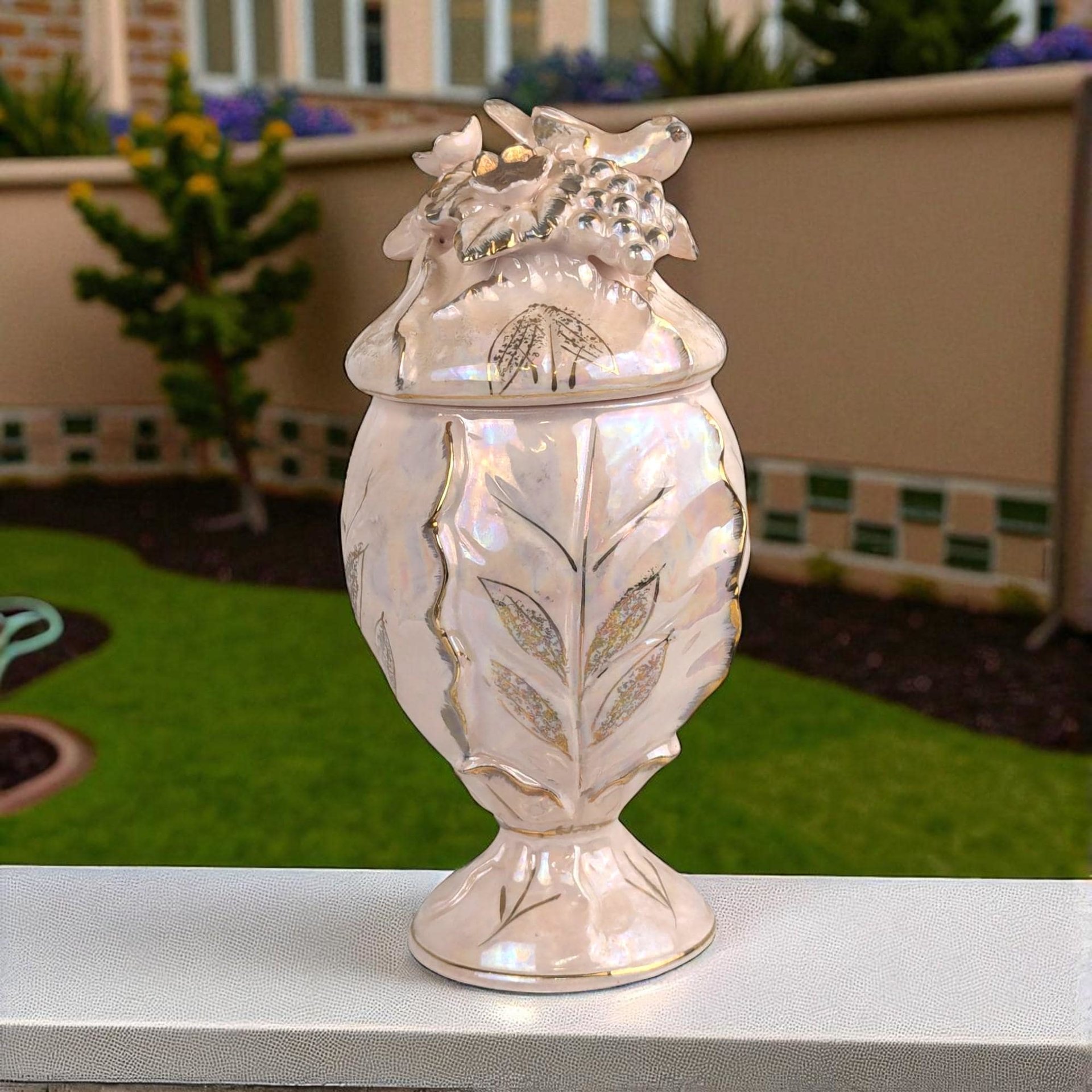 Vintage Pink Iridescent Ceramic Bird and Grape Compote