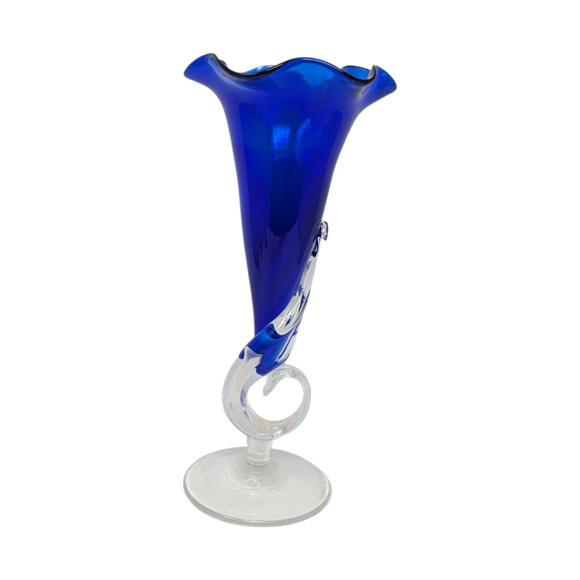 1989 Signed 'Jack-in-the-Pulpit' Cobalt Art Glass Vase