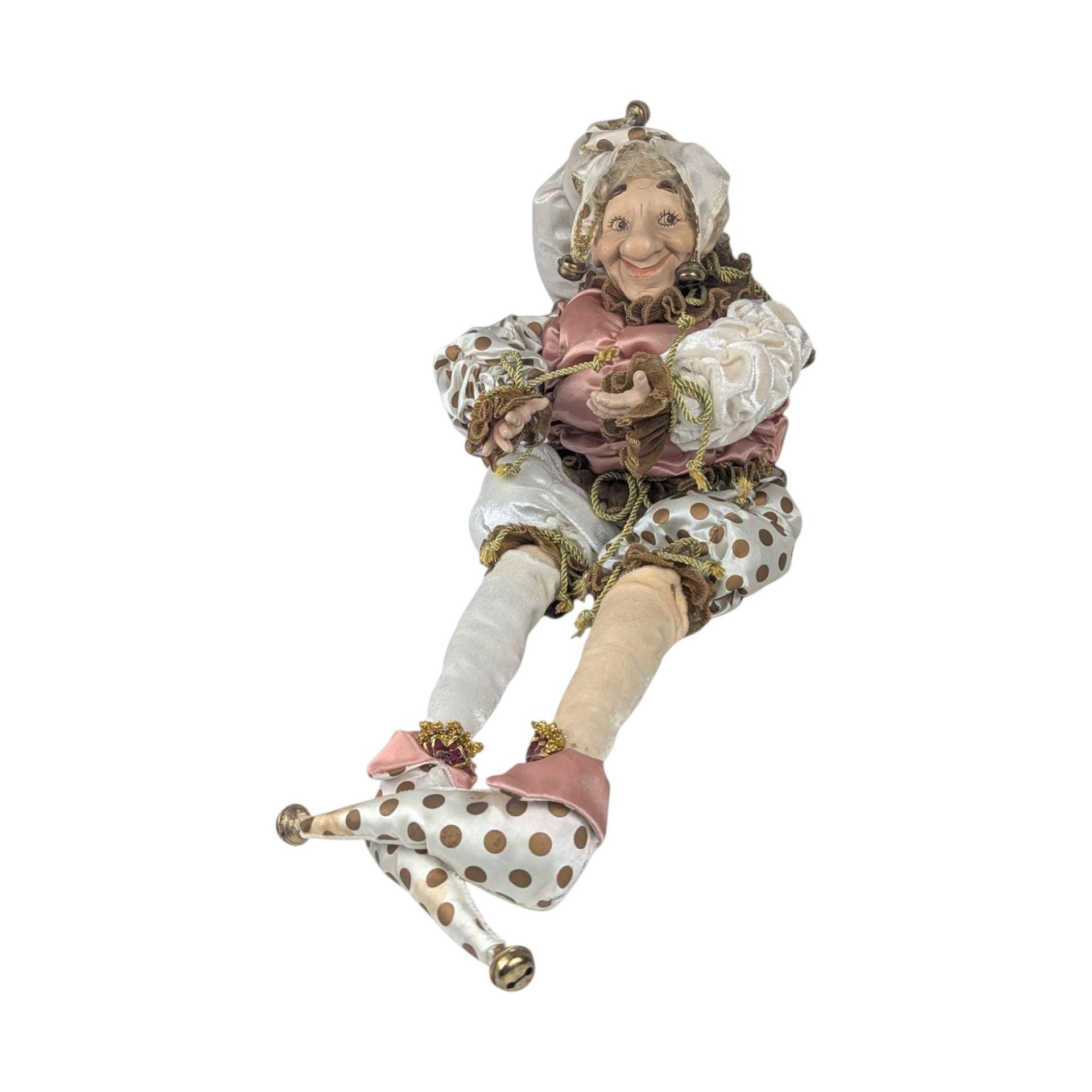 Vintage Pink and White Jester Doll with Gold Accents