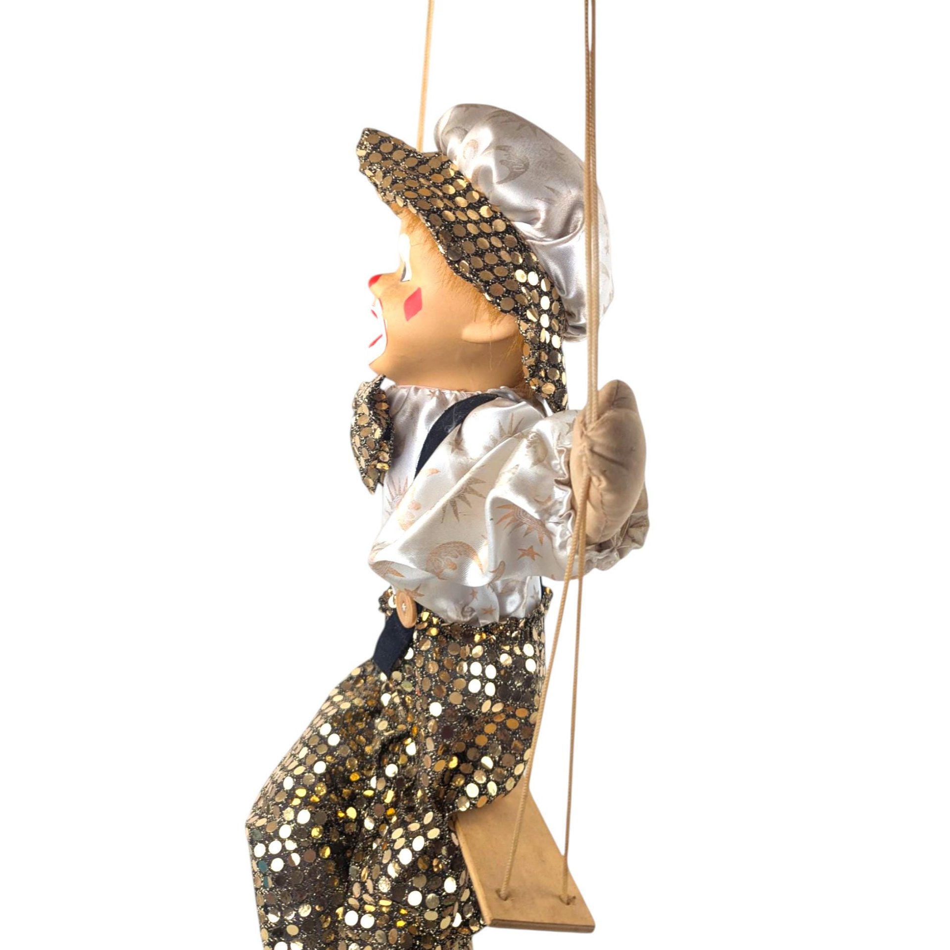 Vintage Green and Gold Porcelain Swinging Clown Doll