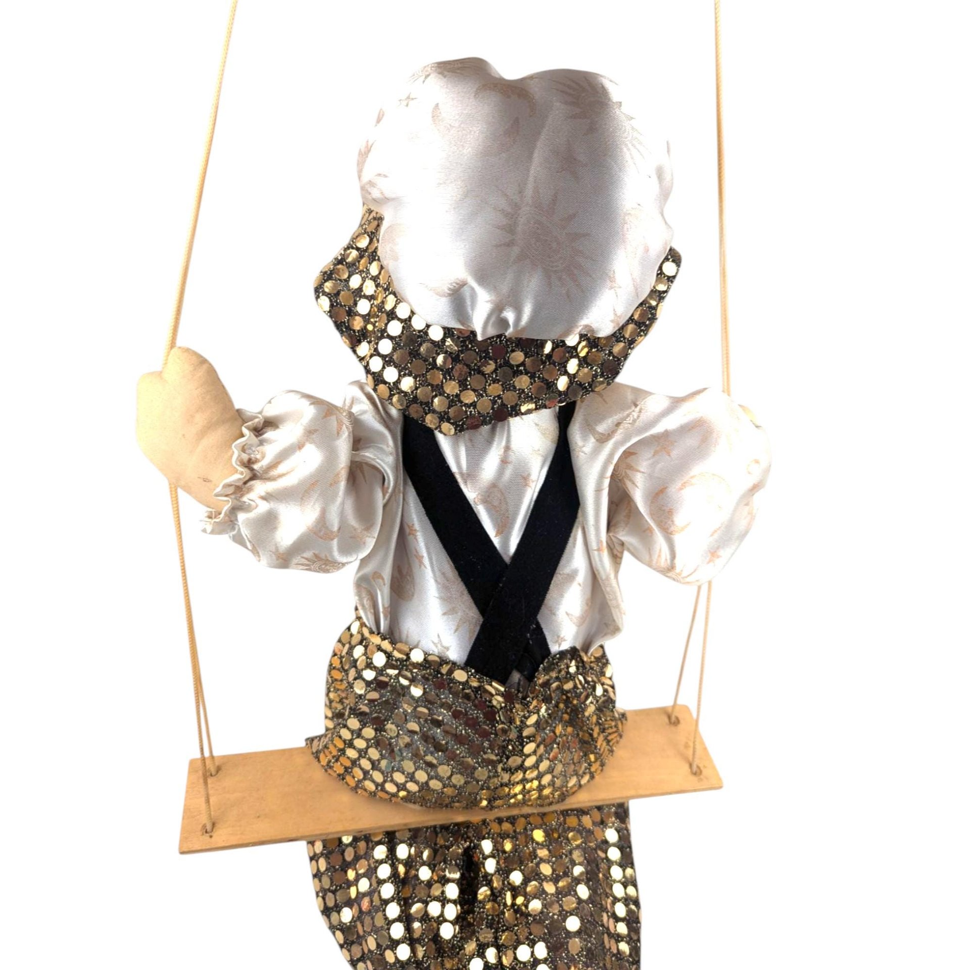 Vintage Green and Gold Porcelain Swinging Clown Doll