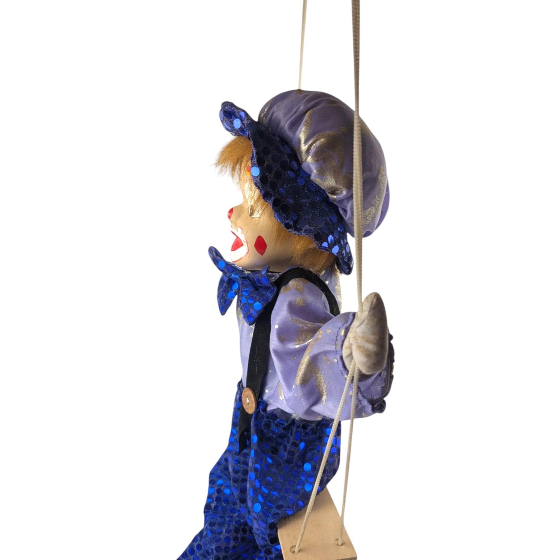 Vintage Purple and Blue Porcelain Swinging Clown Doll