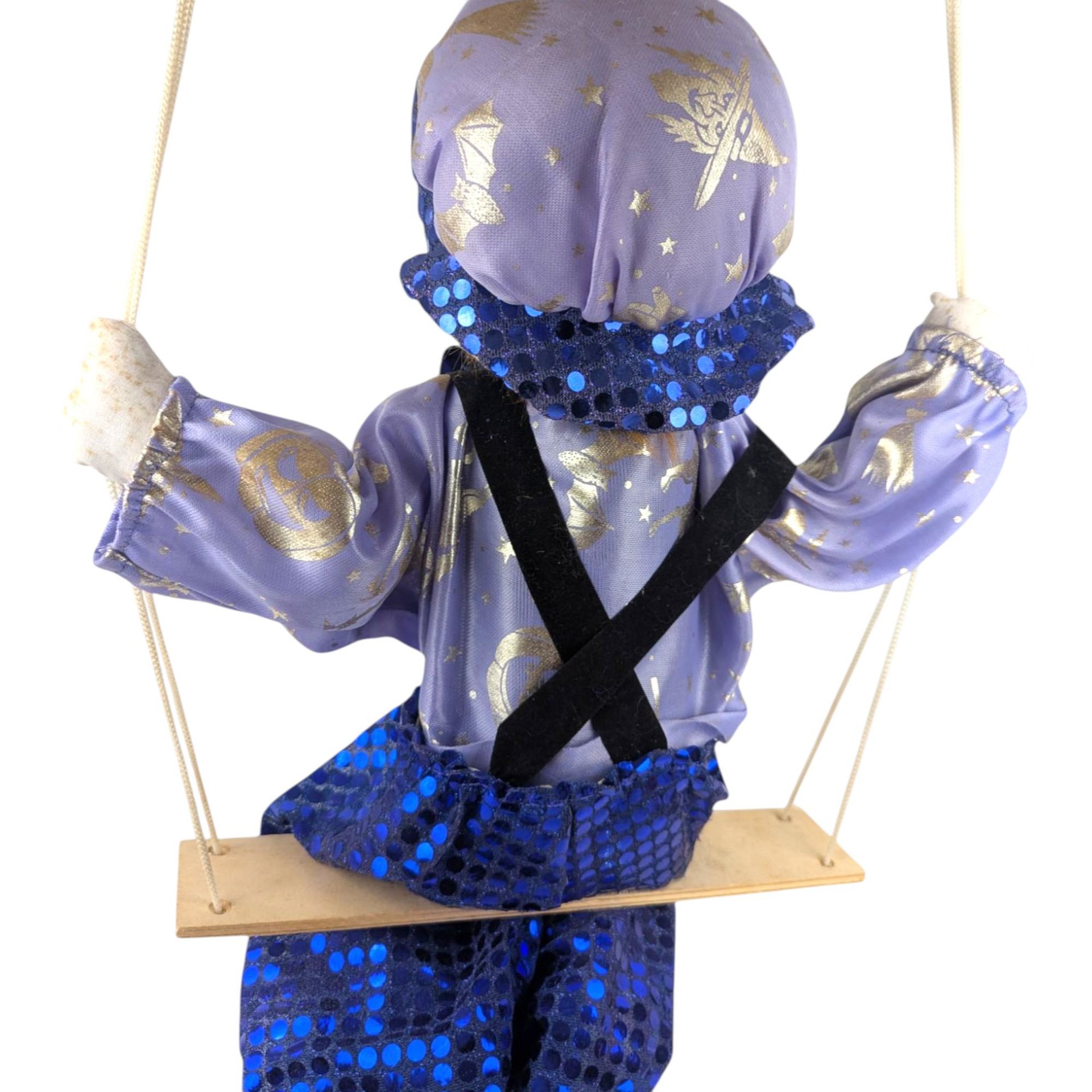 Vintage Purple and Blue Porcelain Swinging Clown Doll