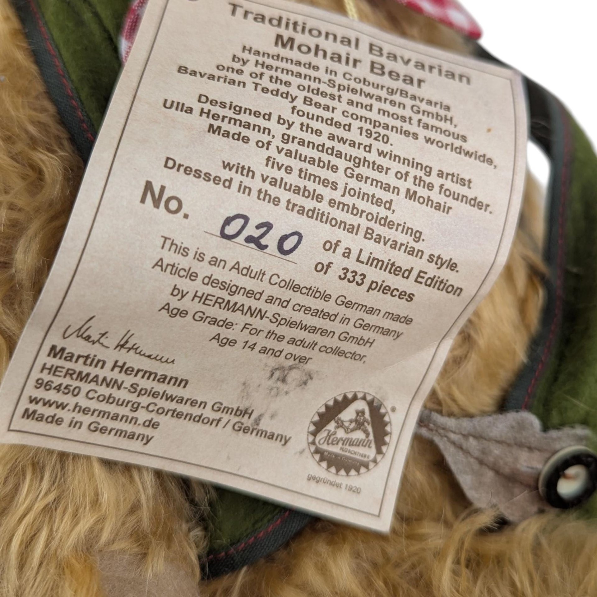 Vintage Hermann Limited Edition Traditional Bavarian Mohair Bear