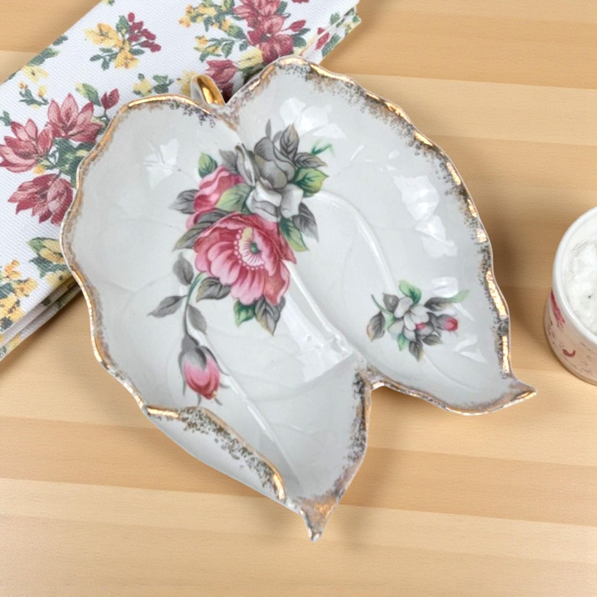 Vintage Ucagco Leaf-Shaped Floral Dresser Tray