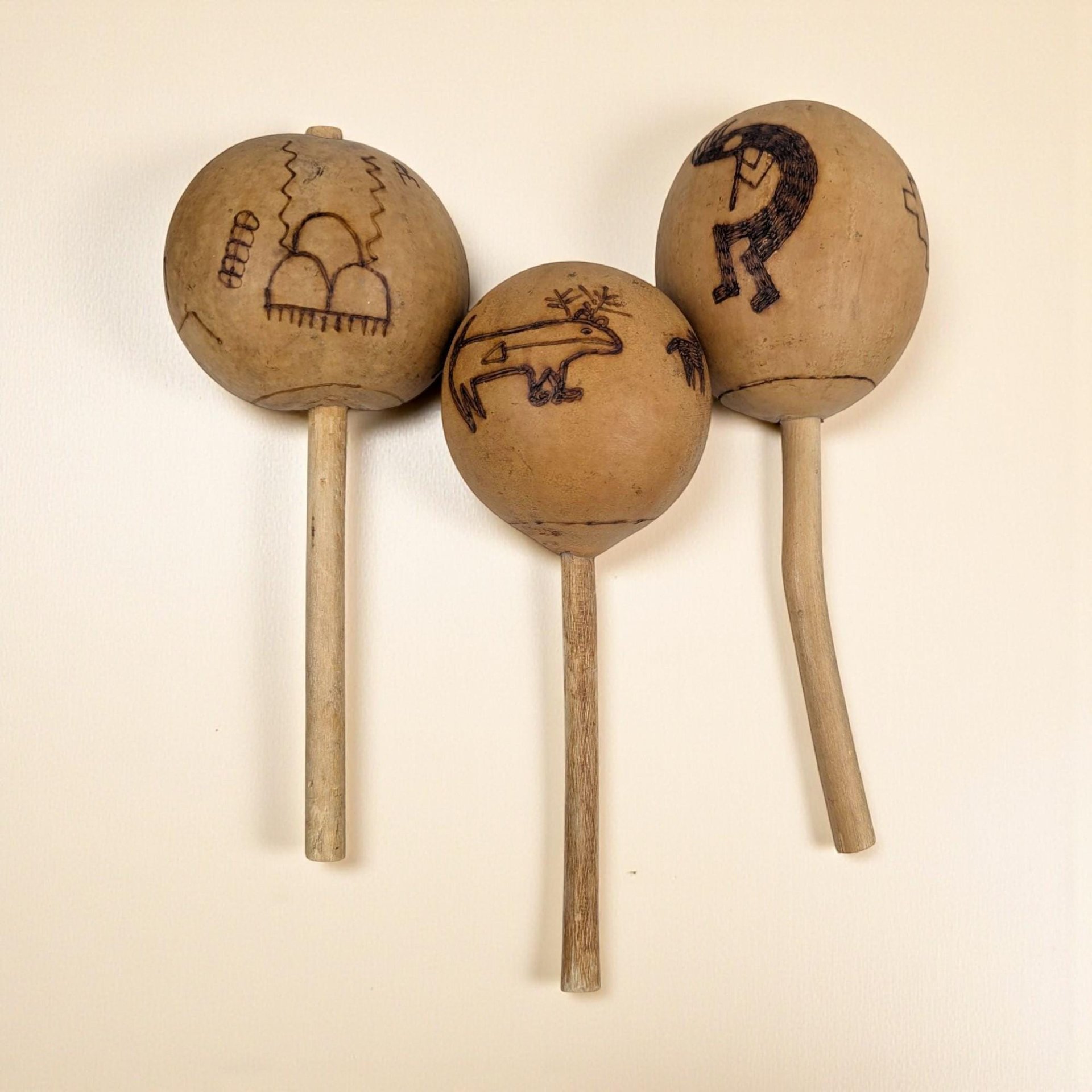 Vintage Trio of Wood-Burned Maracas