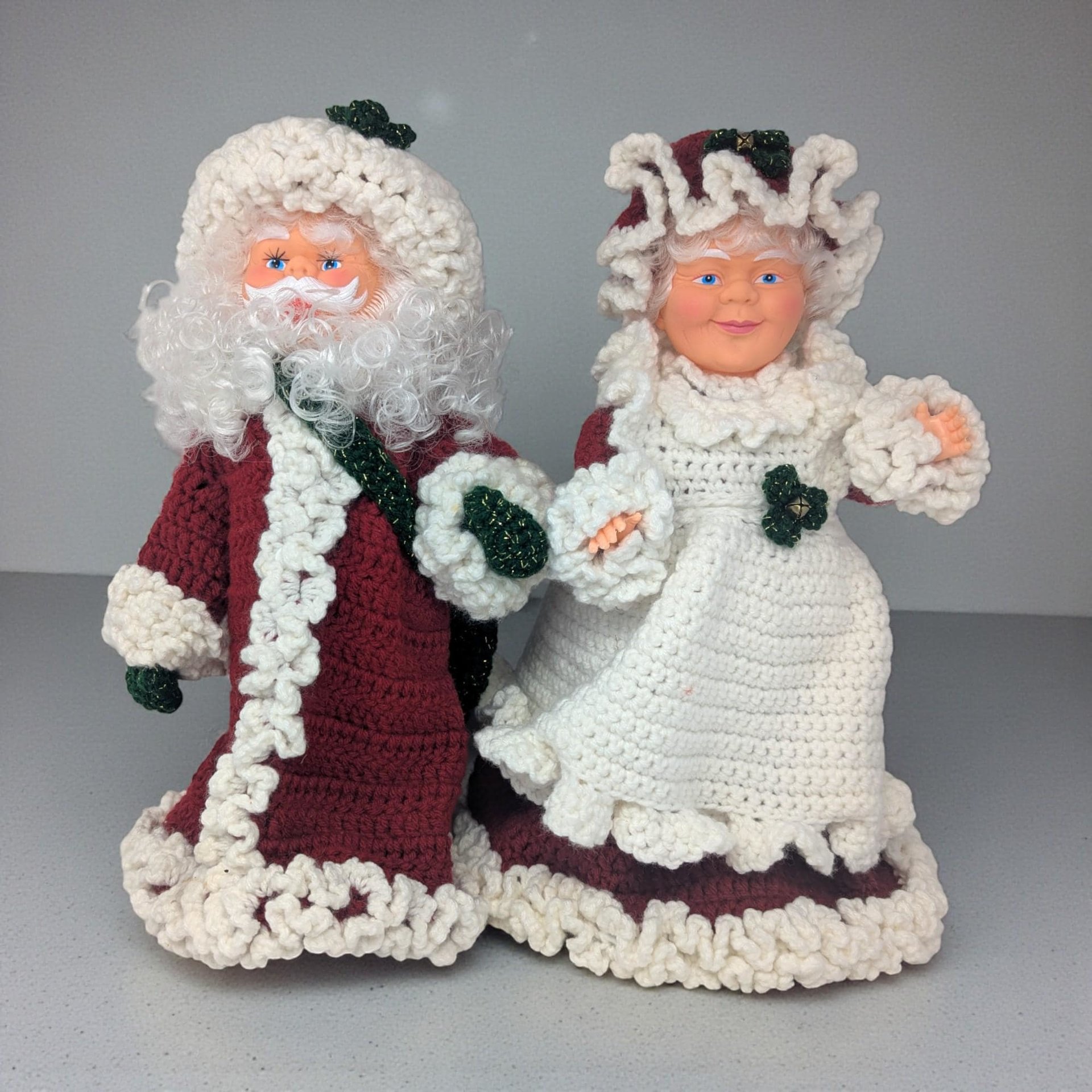1980s Crochet Dressed Plastic Santa and Mrs. Claus Dolls