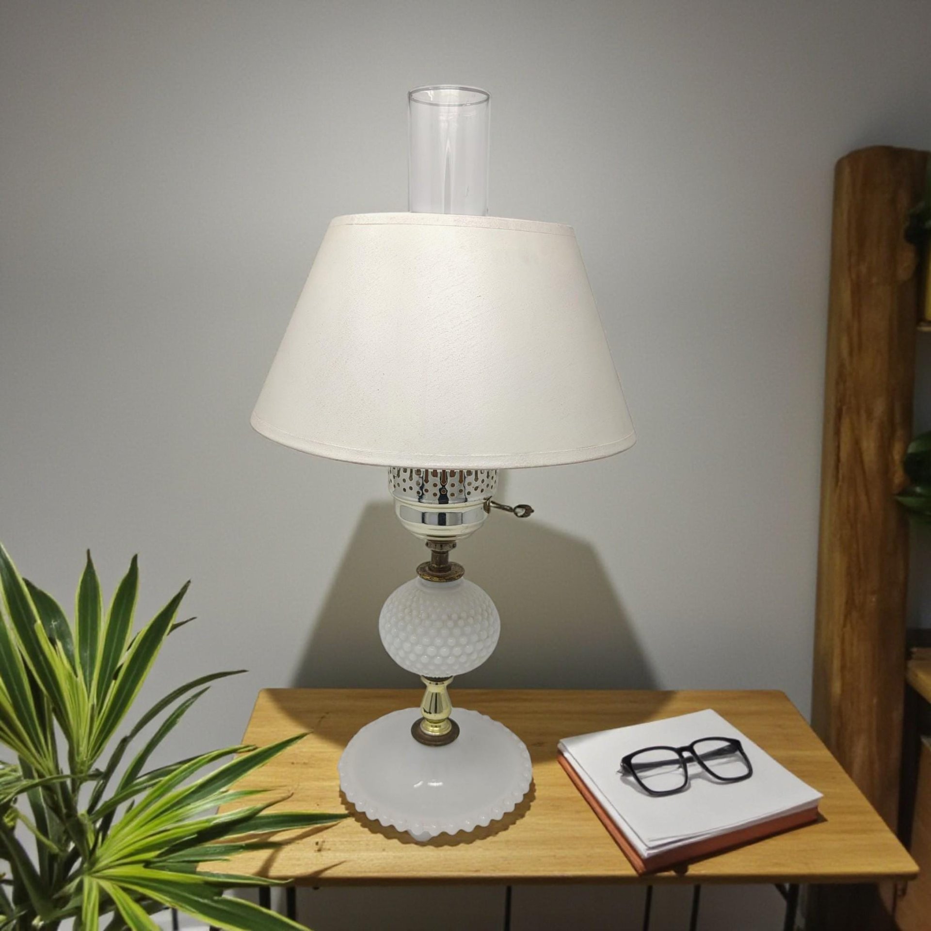 Vintage Milk Glass Floral Hurricane Lamp