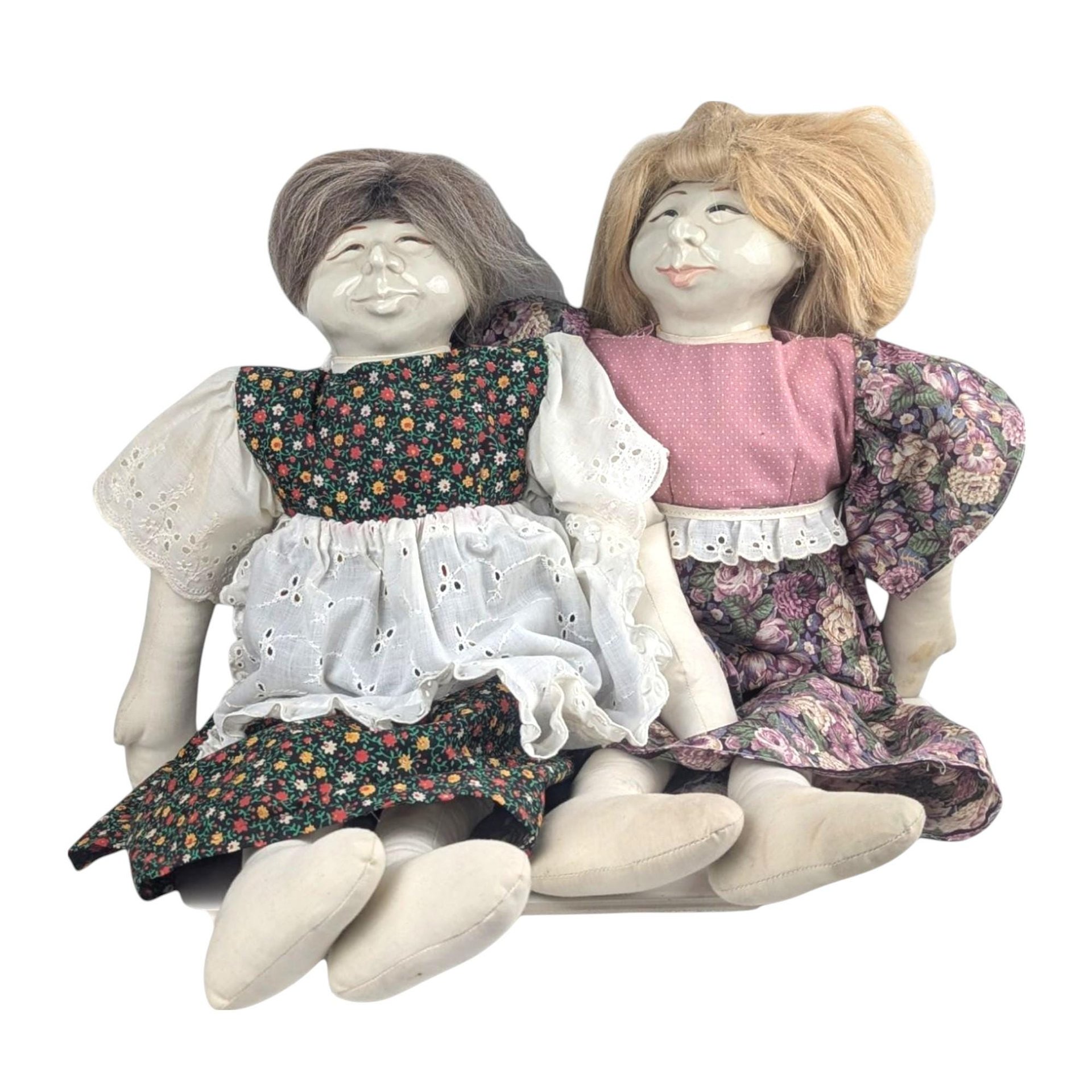 1970s Barbara Lorin Folk Art Porcelain Doll Pair