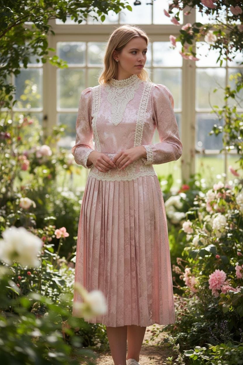 A soft pink vintage dress with a high neckline and short sleeves. It features a structured silhouette with large internal shoulder pads, a cinched waist, and a flowing tea-length skirt.