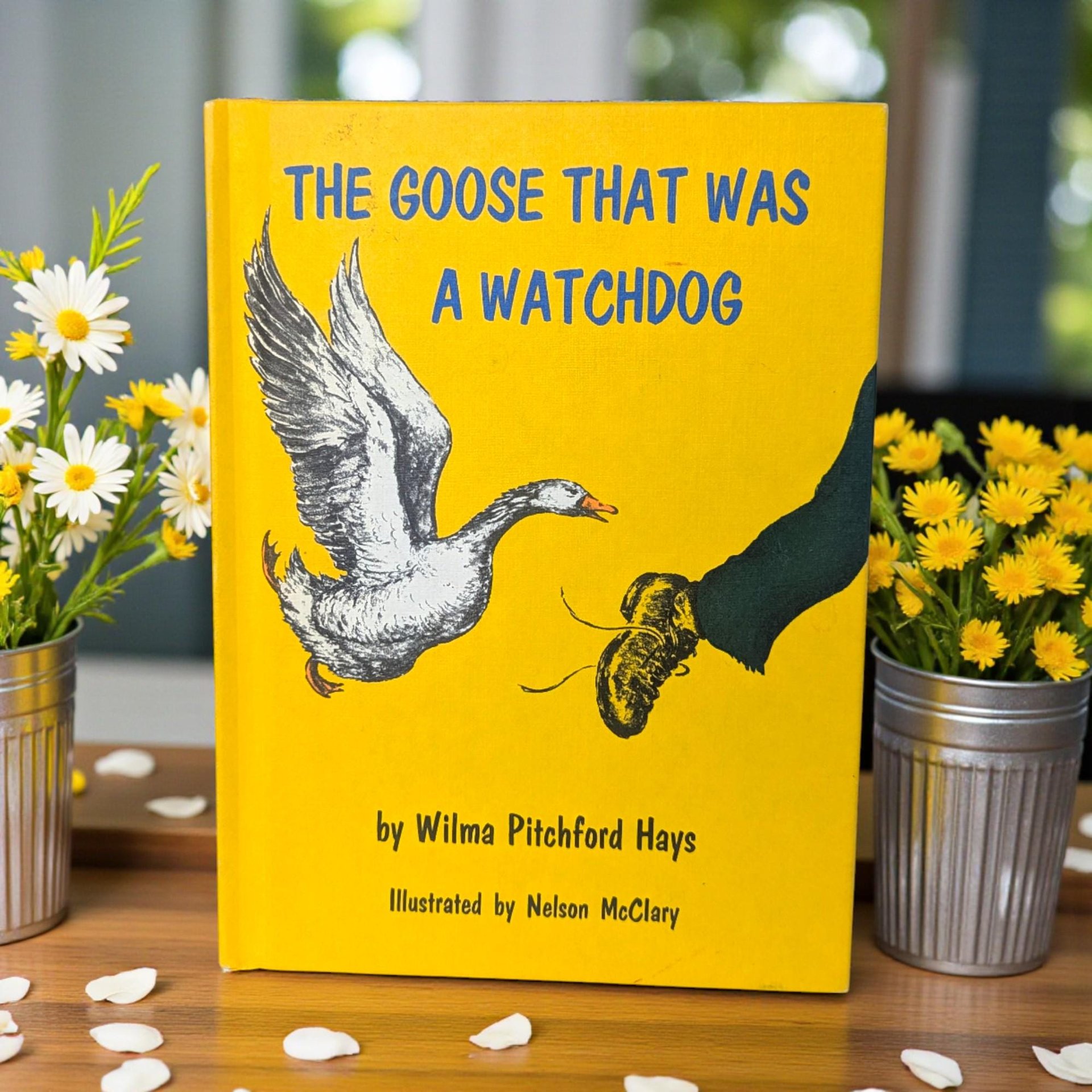 A hardcover book with a white and yellow pictorial cover featuring an illustration of a large white goose and a young boy. The artwork is done in a soft, mid-century sketch style with natural green and brown accents.