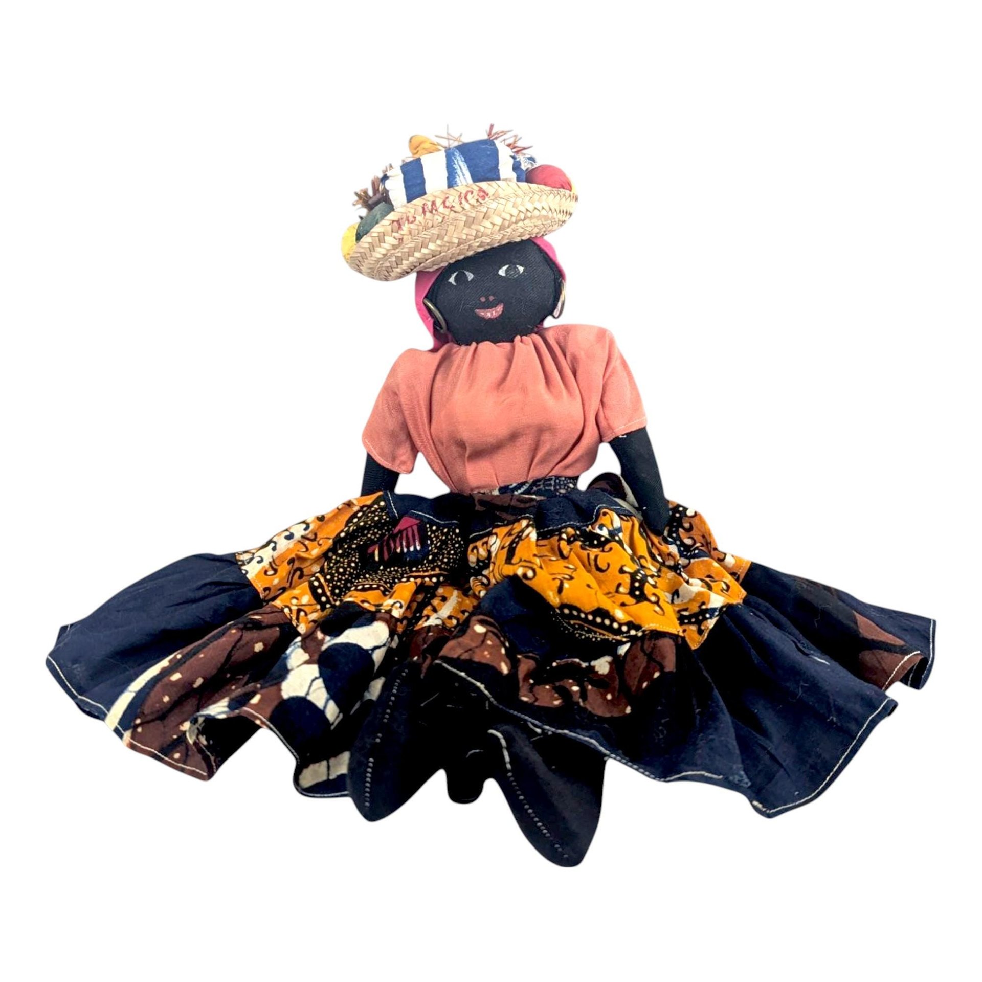 Vintage 17" Jamaican Cloth Doll with Fruit Basket Hat