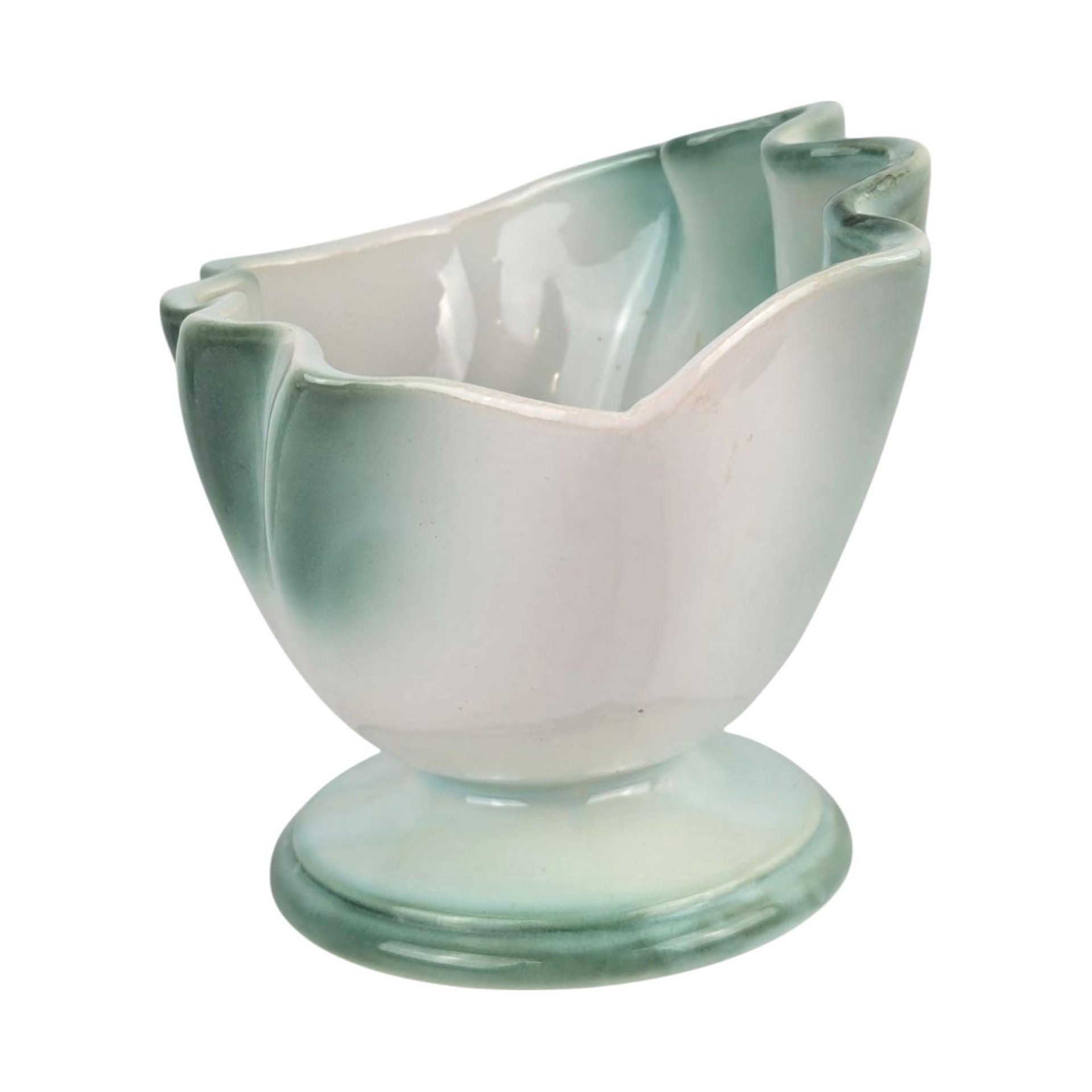 Vintage 5" Regal Green and White Ceramic Pedestal Planter