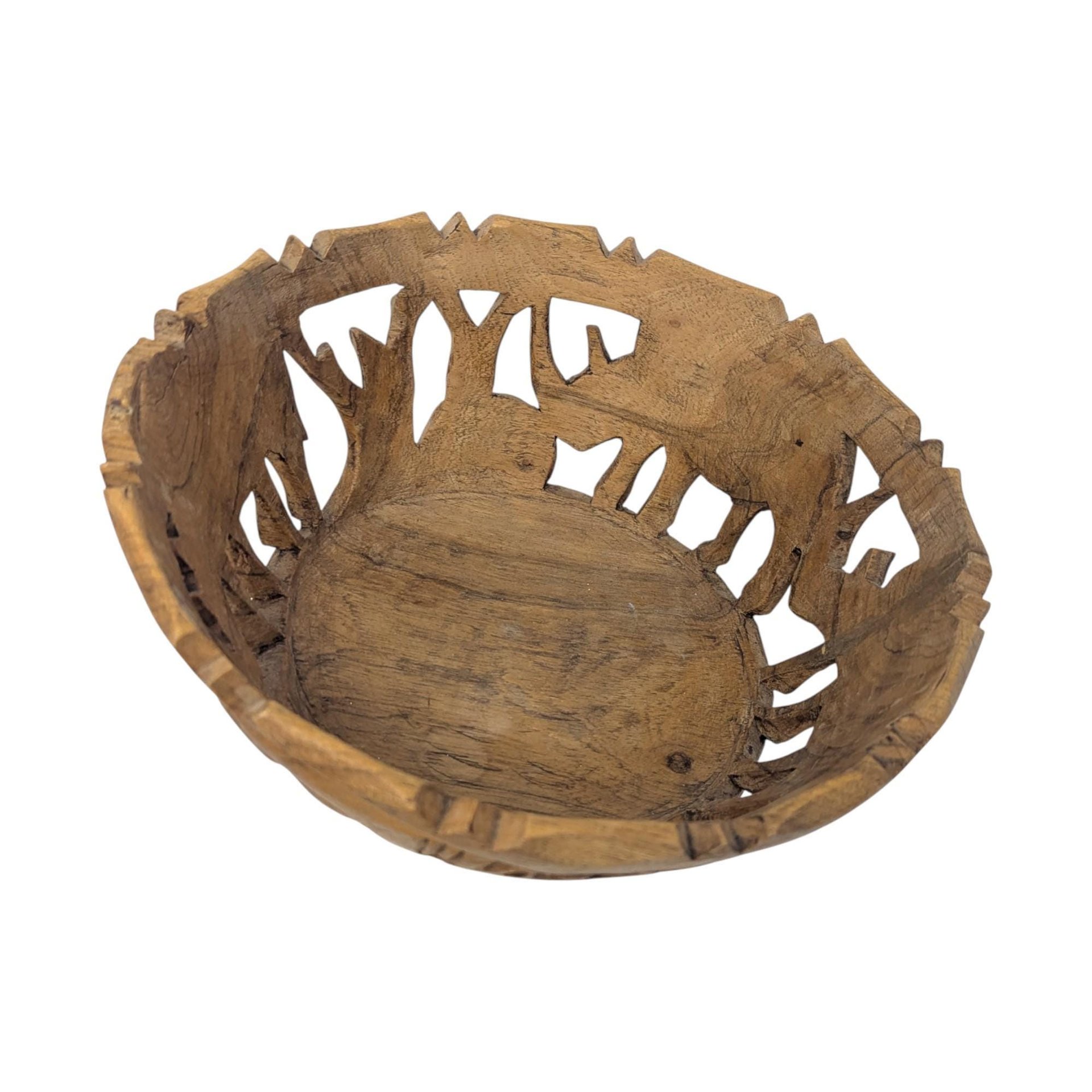 Vintage Hand Carved Wood Bowl with Animal Utensils