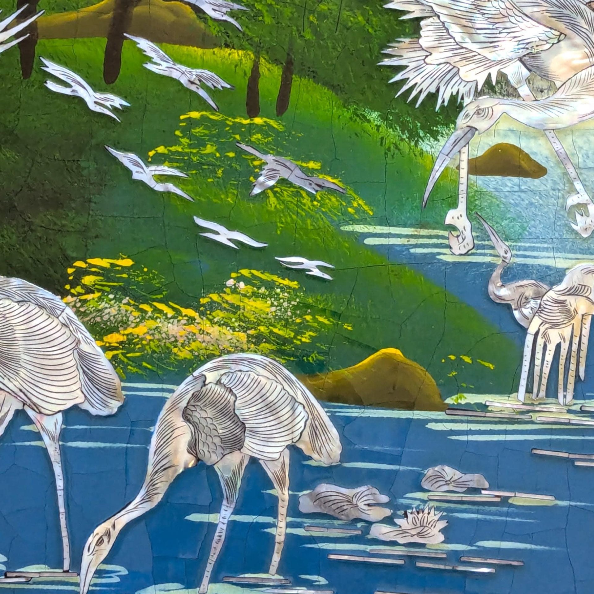 Vintage Asian Mother of Pearl Inlay Crane Panel