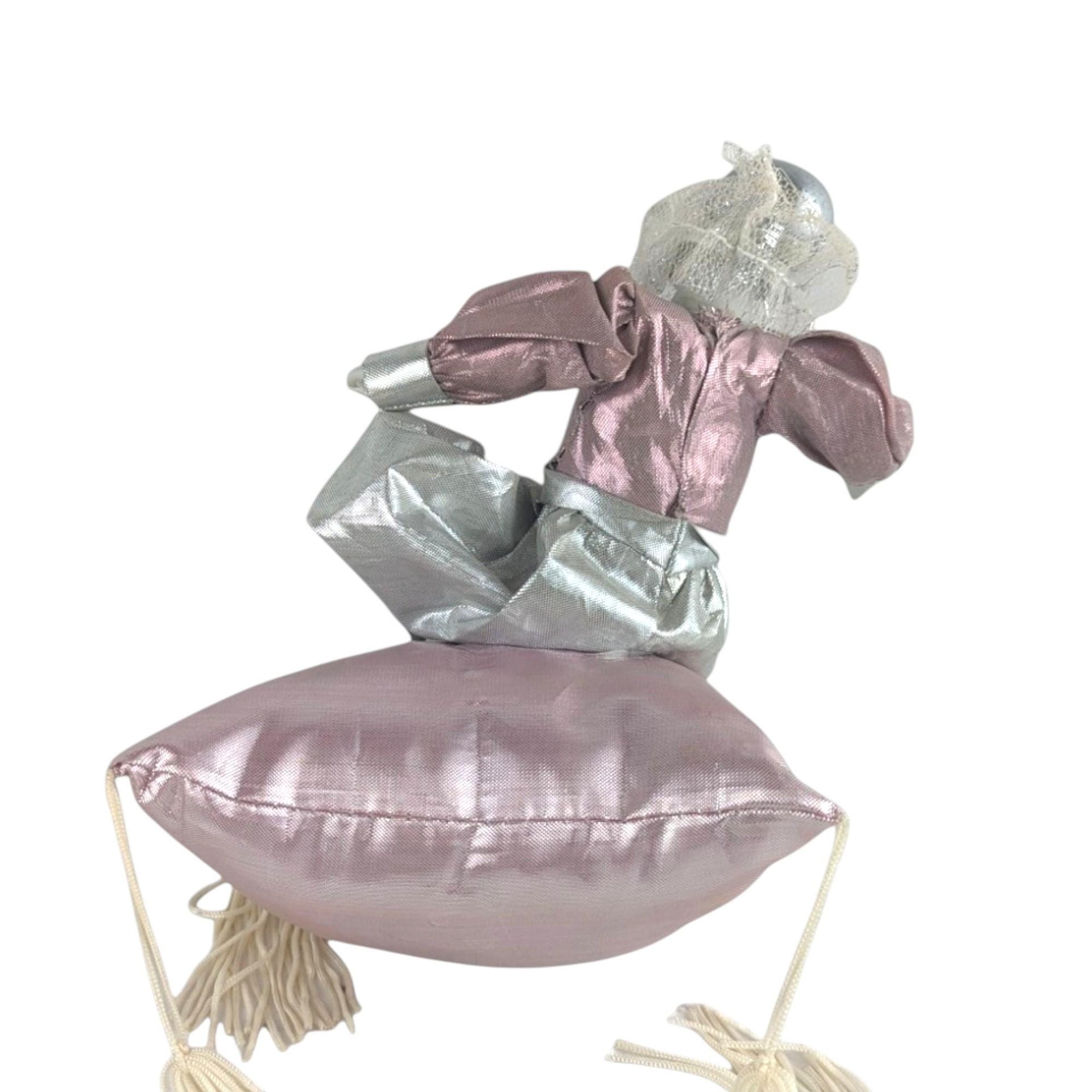 Vintage Harlequin Pink and Silver Doll on Pillow