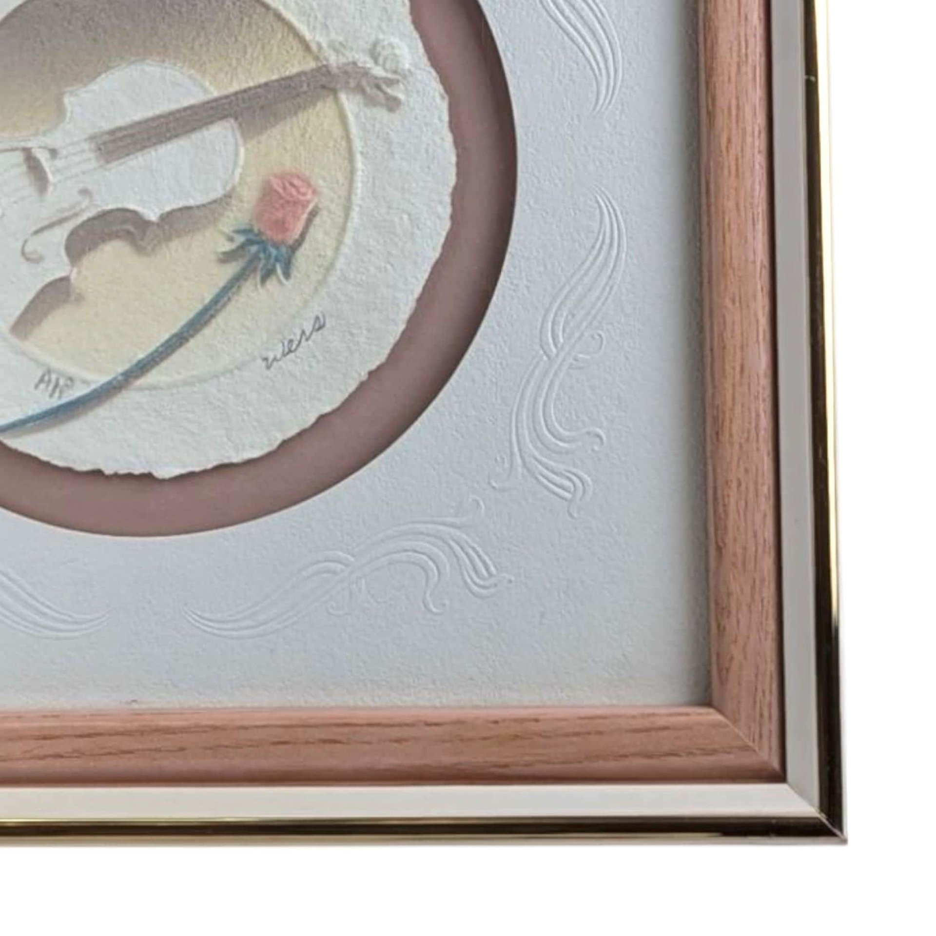 Vintage Wess 'Violin with Rose' Airbrushed Paper Art