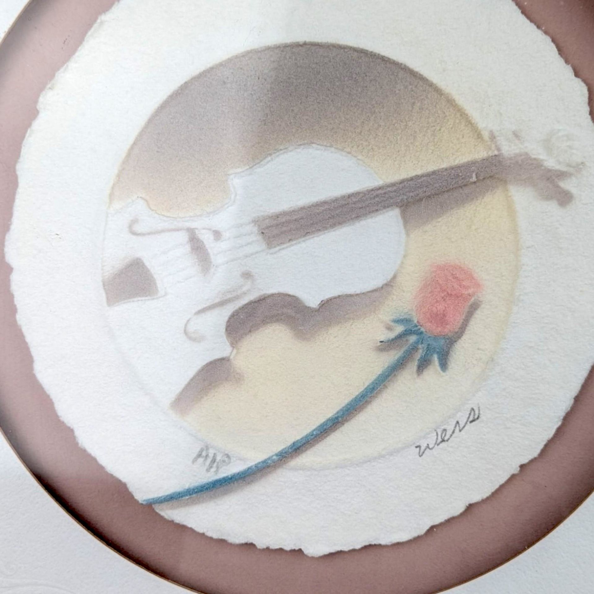 Vintage Wess 'Violin with Rose' Airbrushed Paper Art