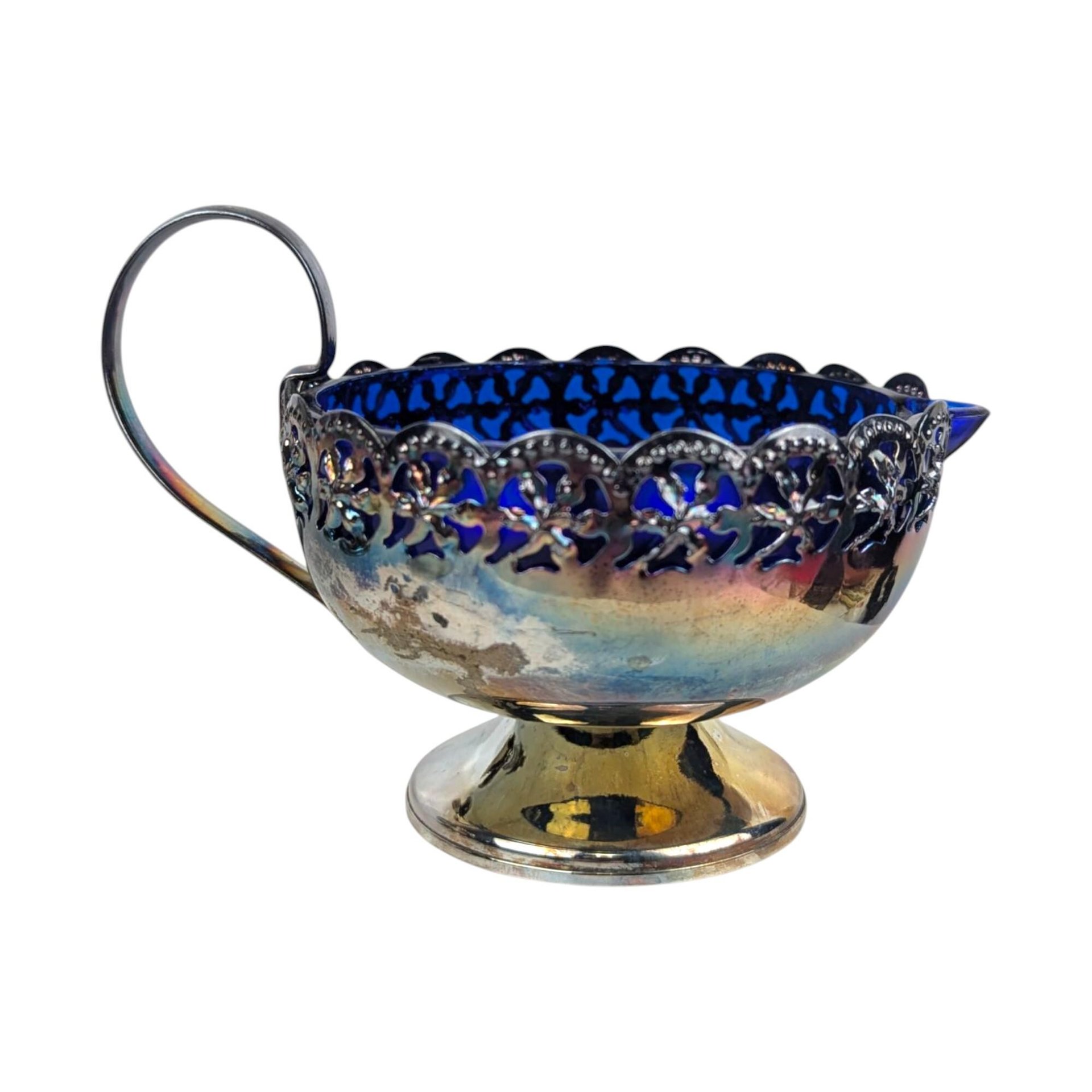 Vintage Celtic Silverplate and Cobalt Blue Glass Cream and Sugar Set