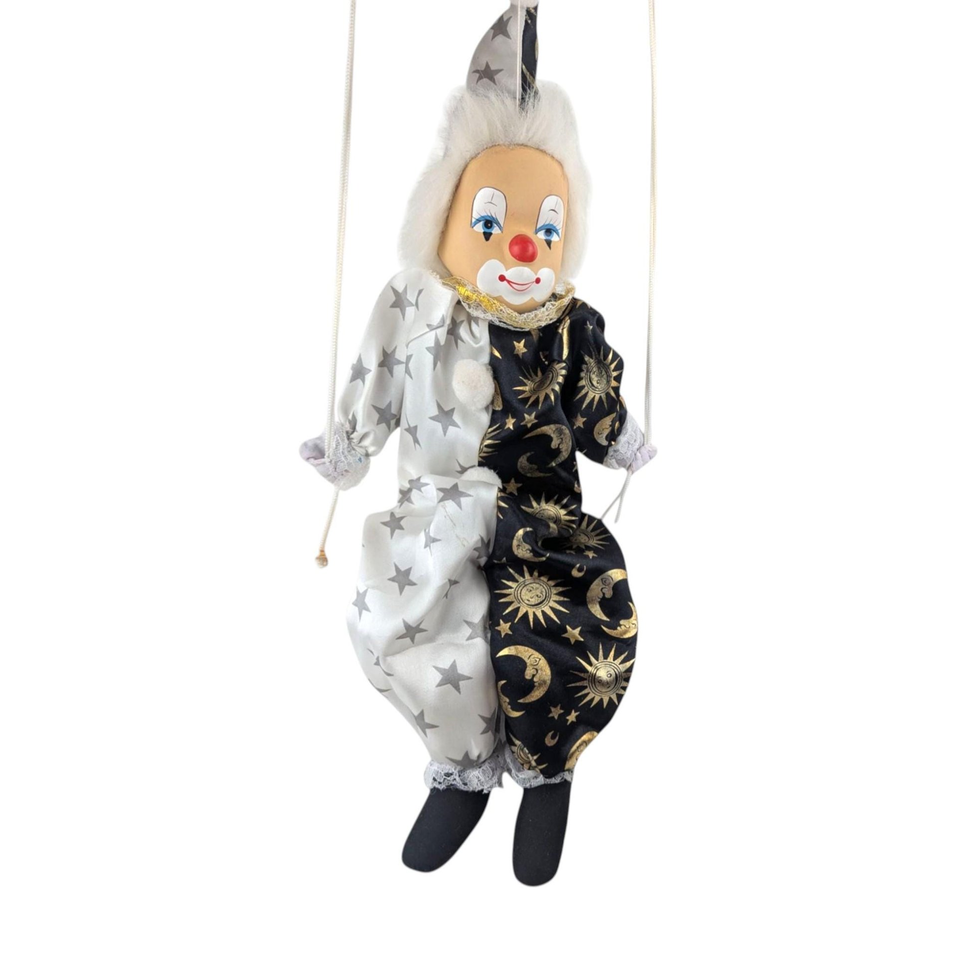 Vintage Black and White Moon and Stars Porcelain Swinging Clown Doll