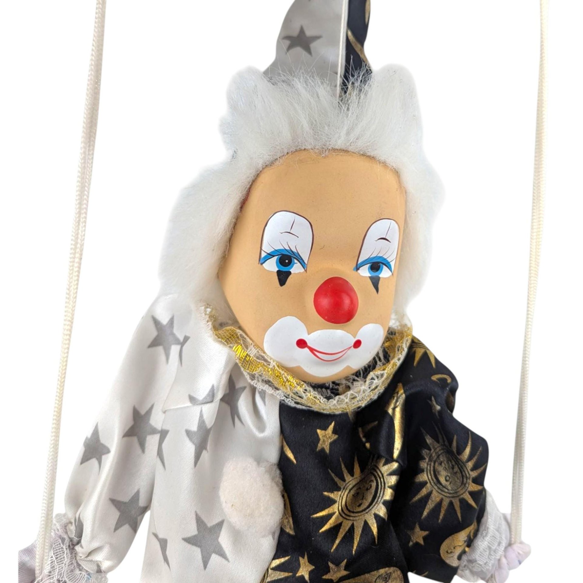 Vintage Black and White Moon and Stars Porcelain Swinging Clown Doll