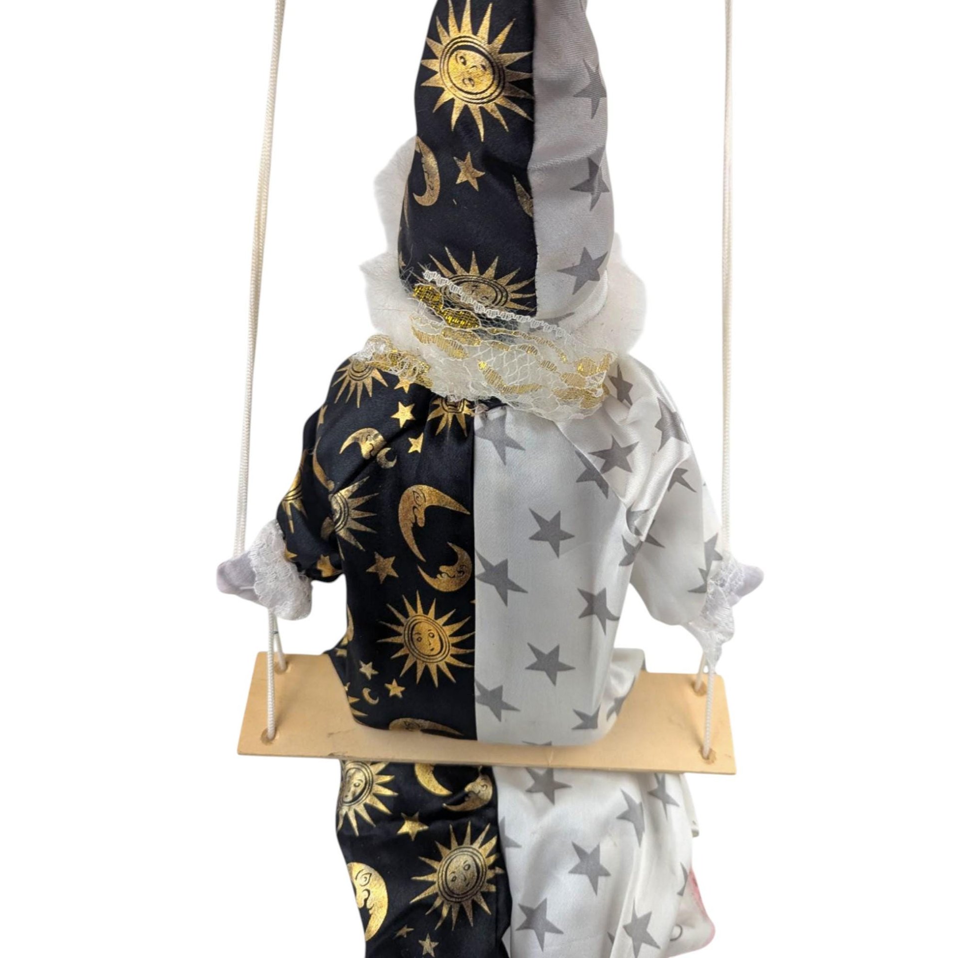 Vintage Black and White Moon and Stars Porcelain Swinging Clown Doll