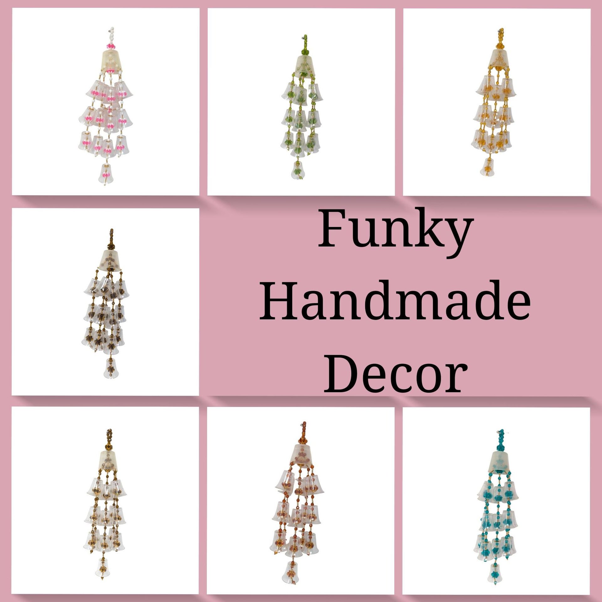 Set of seven handmade wall hangings made of interlocking clear plastic cups and colorful faceted beads. Features vibrant red, blue, and gold patterns. Each piece is suspended from a gold-toned rod with white end caps.