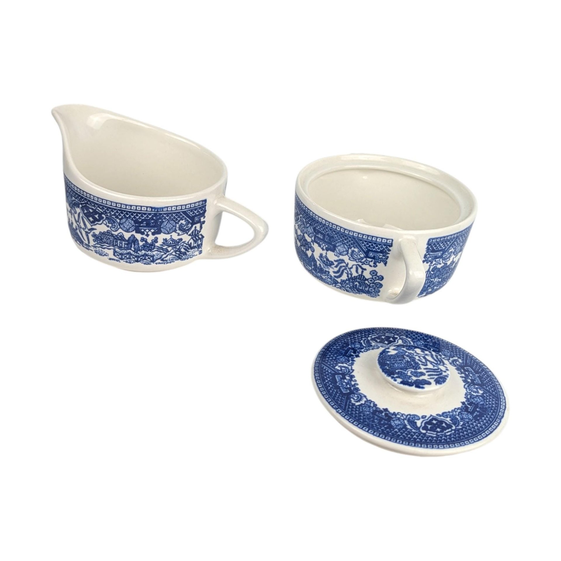 Vintage Royal Blue Willow Ceramic Cream and Sugar Set