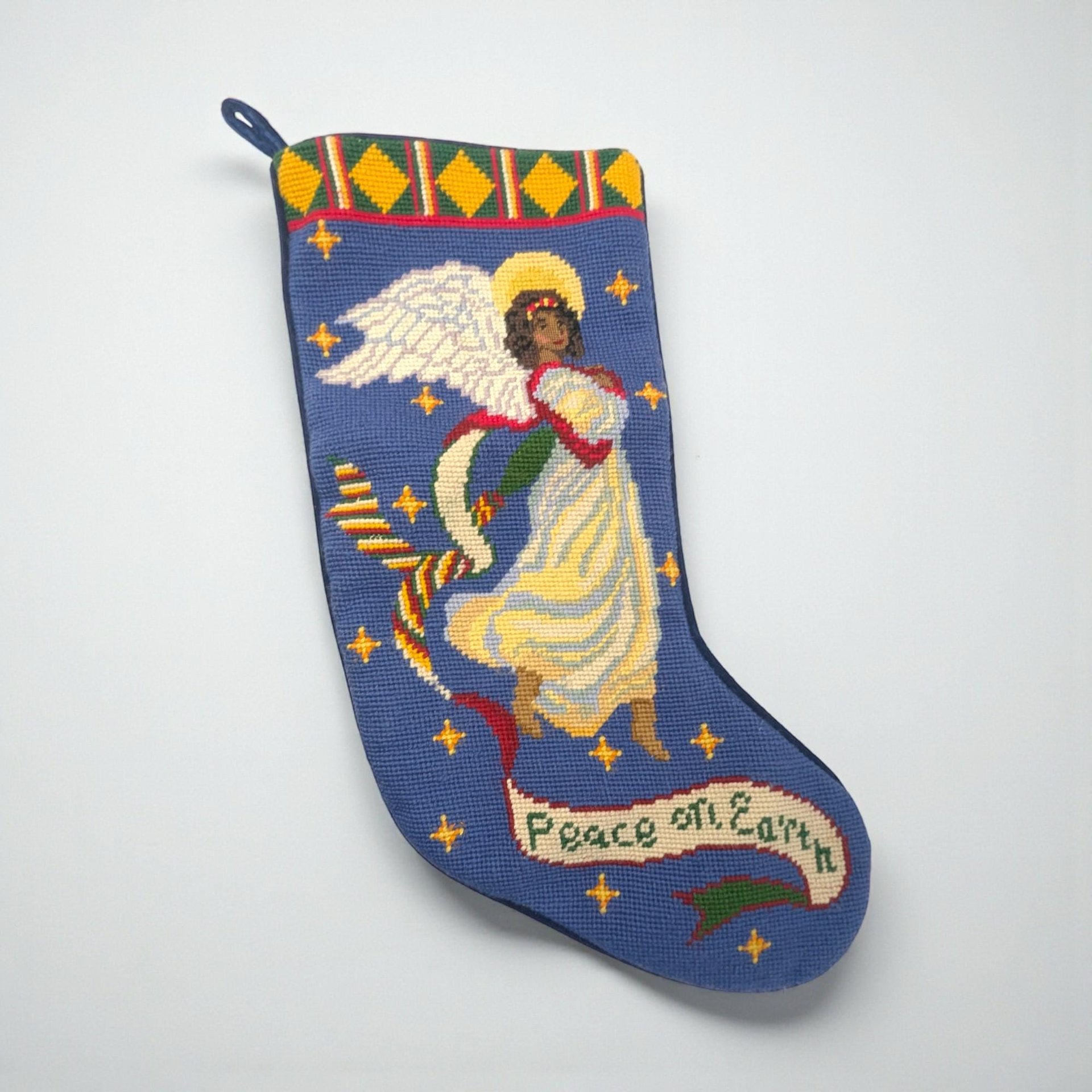 Vintage 'Peace on Earth' Angel Needlepoint Stocking