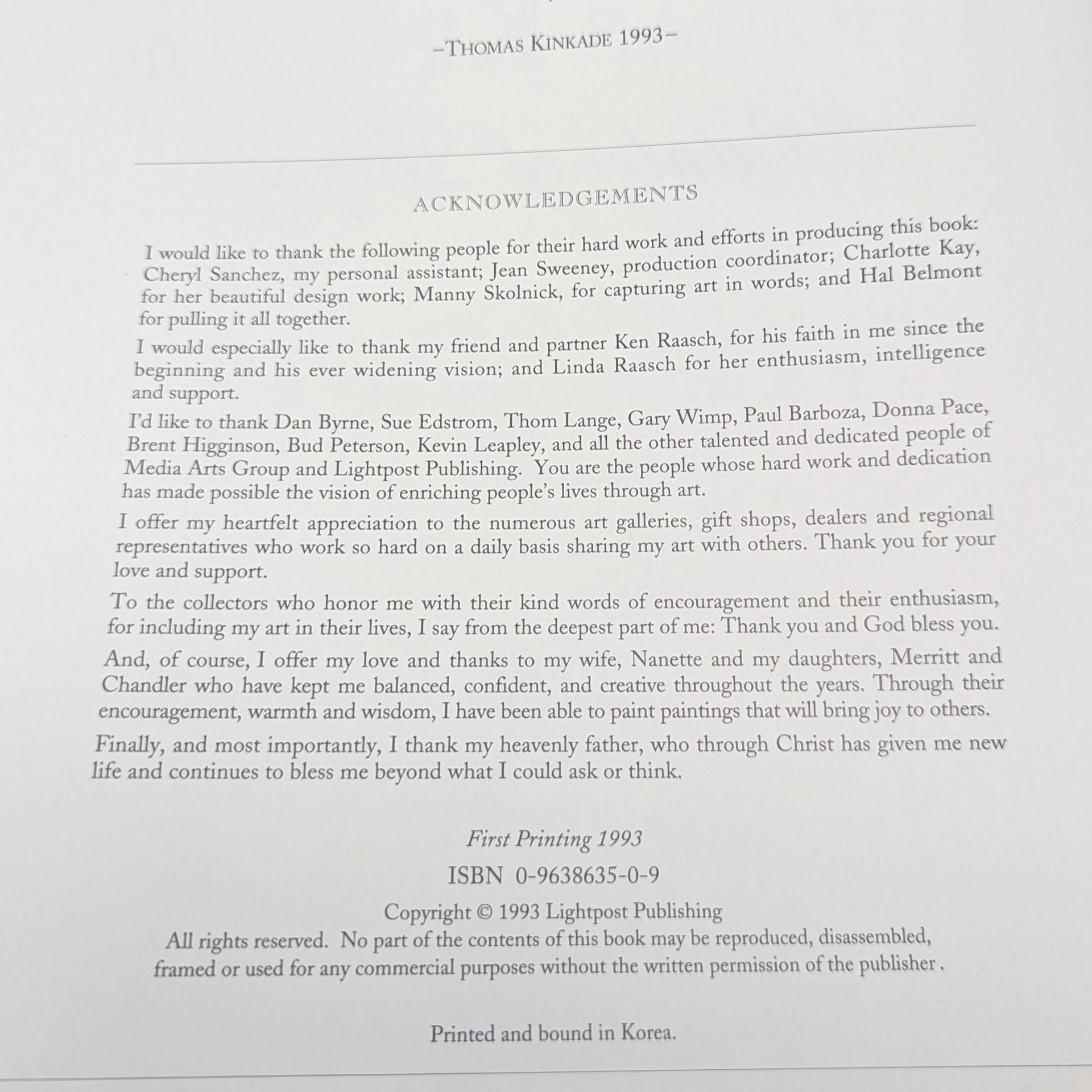 1993 Thomas Kinkade Painter of Light Hardcover Art Book