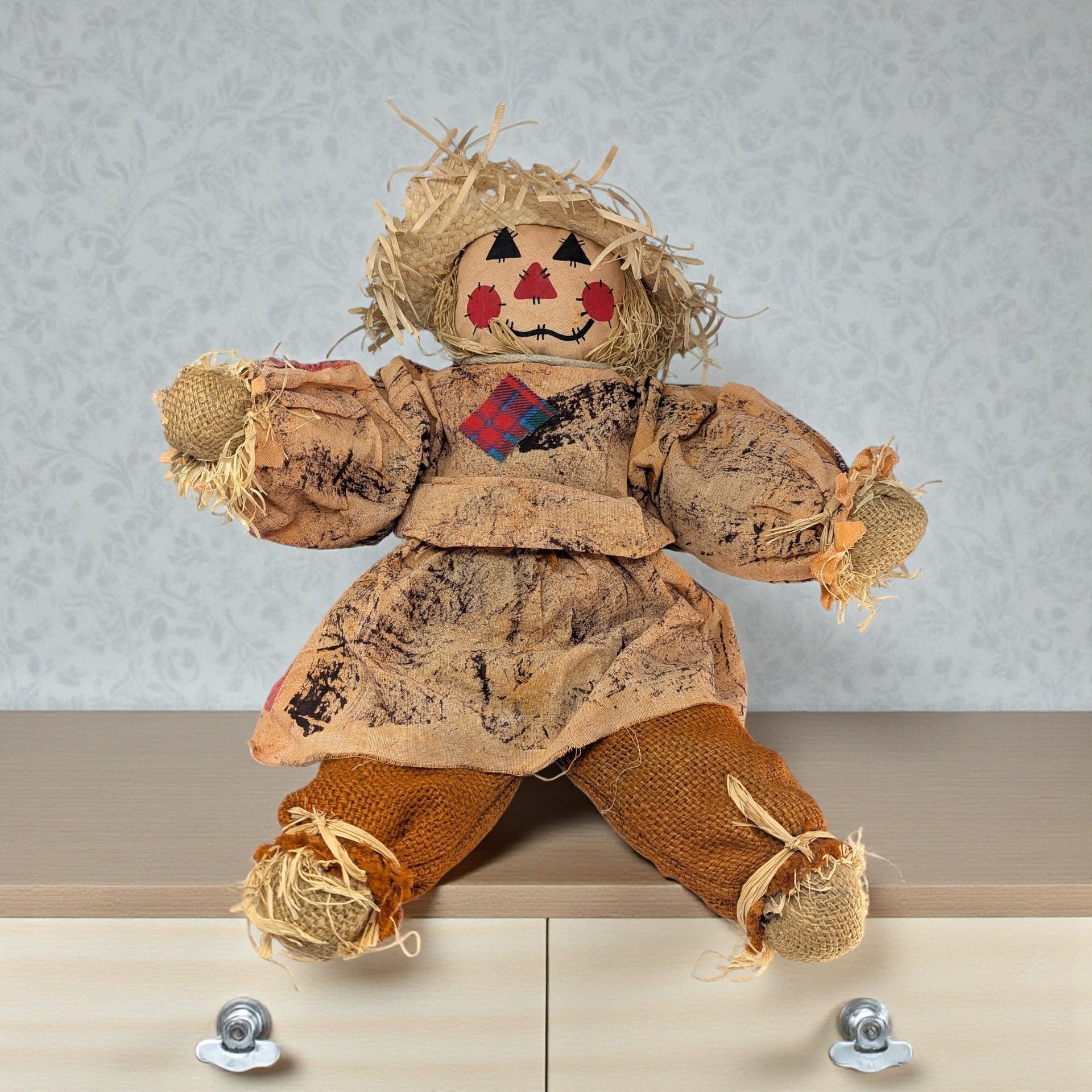A tall, handmade scarecrow figure wearing a plaid flannel shirt, denim overalls, and a pointed burlap hat. The face is crafted from fabric with hand-drawn features, and straw-like raffia tufts peek out from the sleeves and hat.