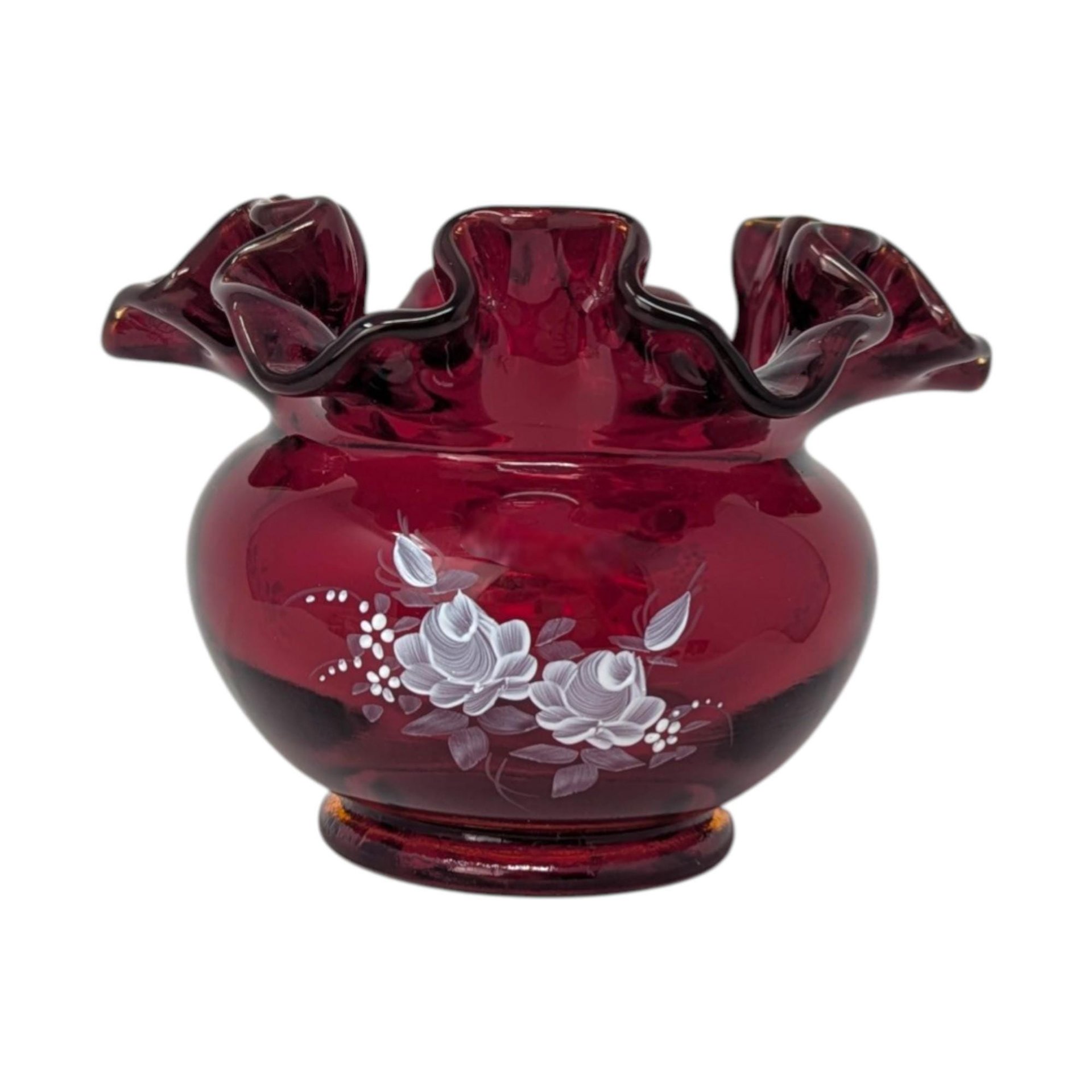 Fenton Ruby Red Floral Ruffled Vase