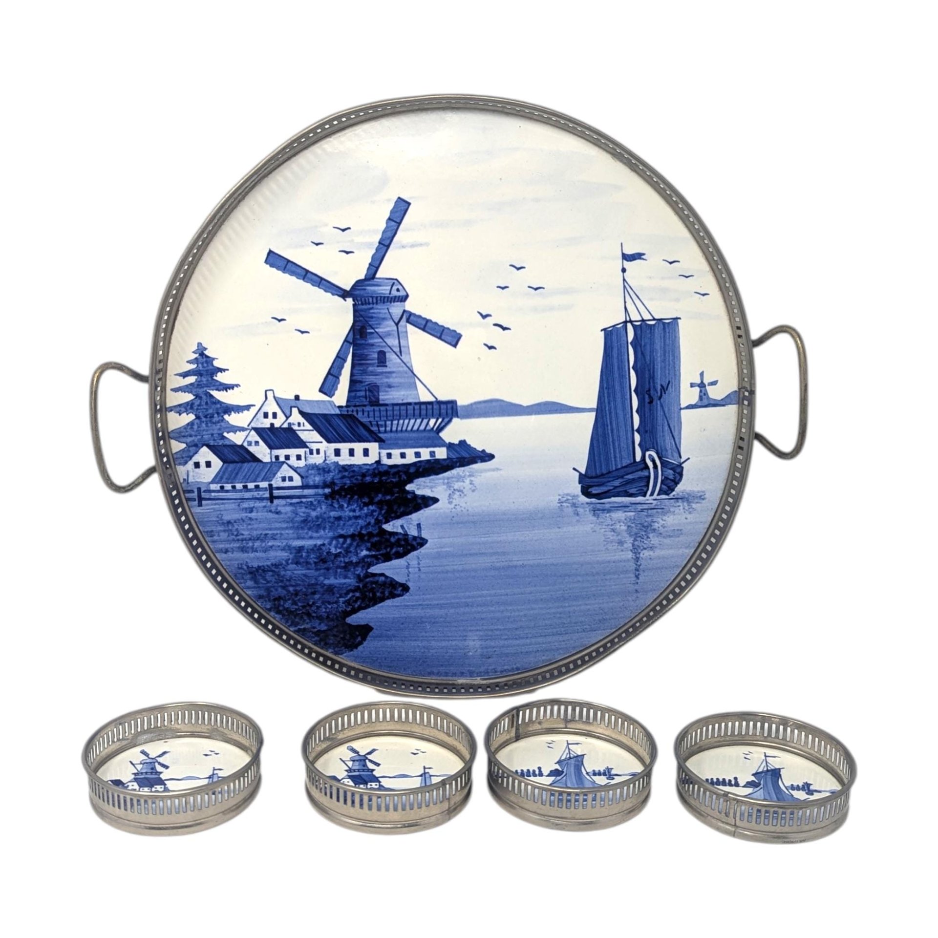 Vintage Blue Windmill Porcelain Tray & Coaster Set