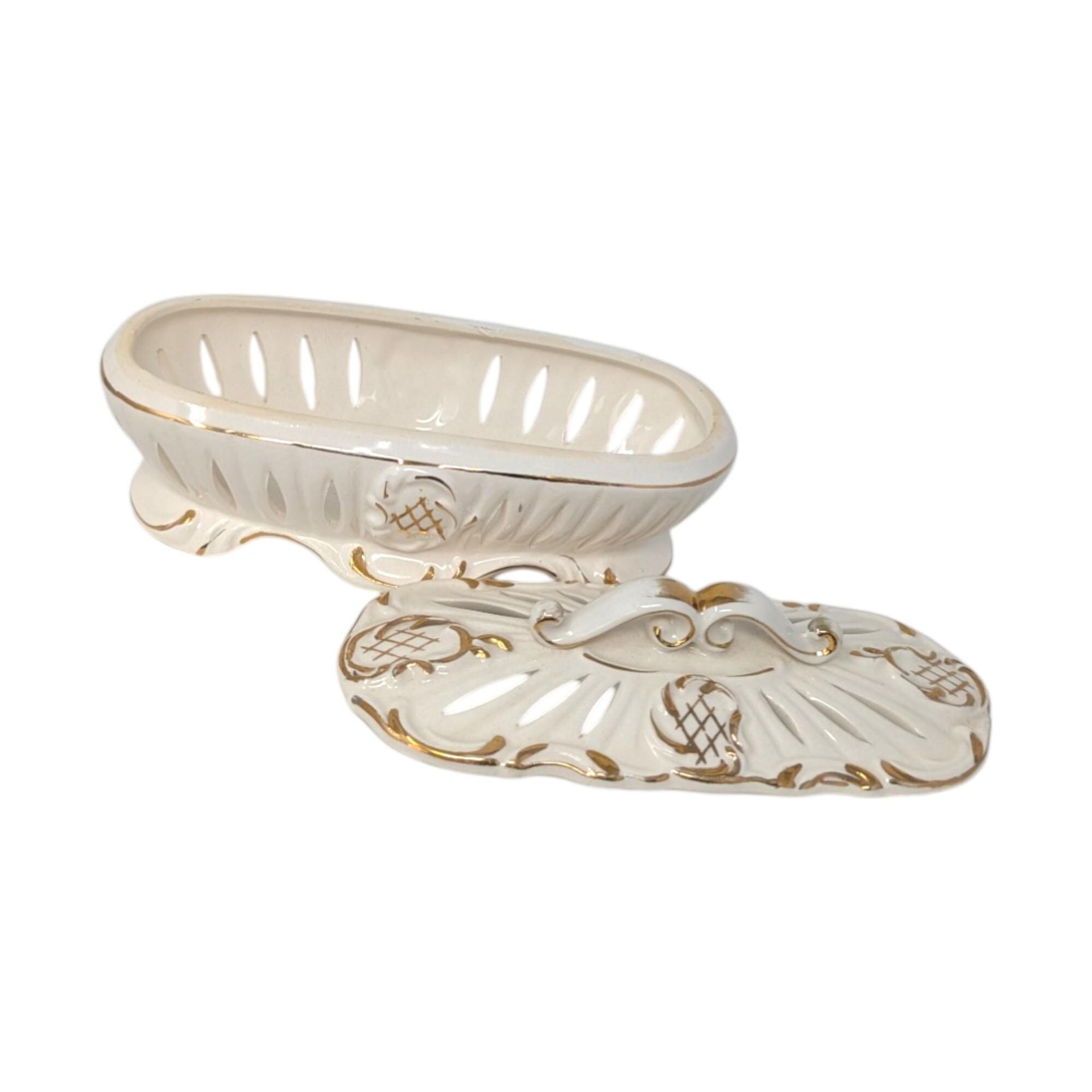 Vintage Ivory and Gold Reticulated Trinket Dish