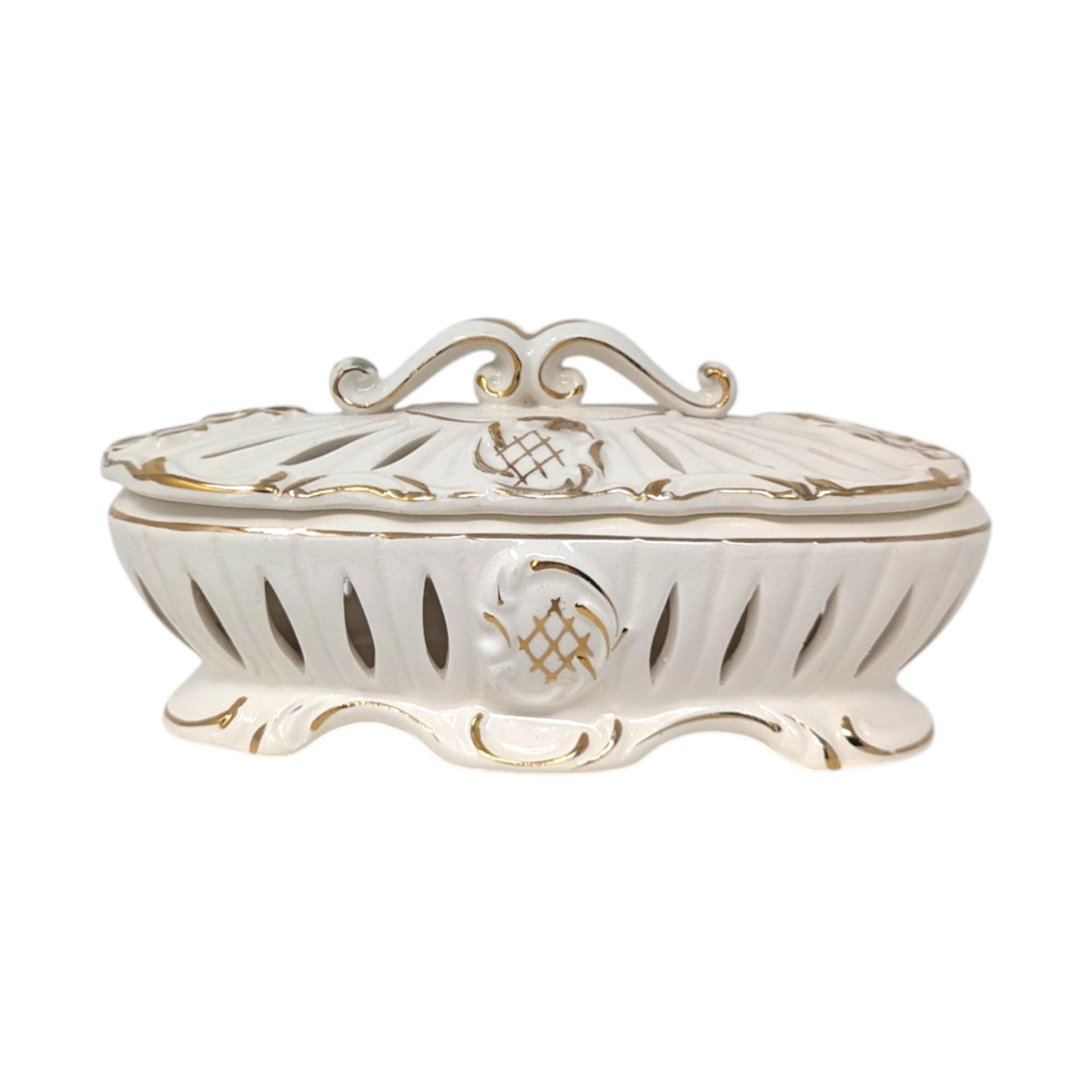 Vintage Ivory and Gold Reticulated Trinket Dish